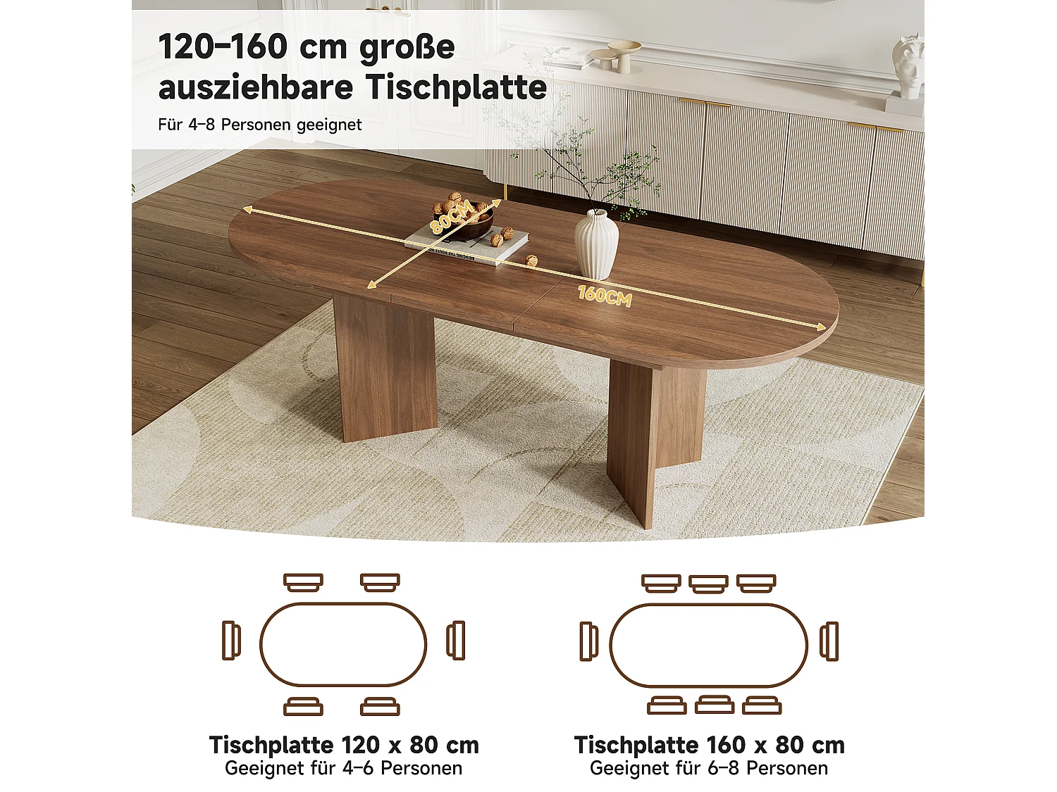 Table à manger extensible 120/160x80 cm en couleur noyer - Pour 4 à 6 personnes