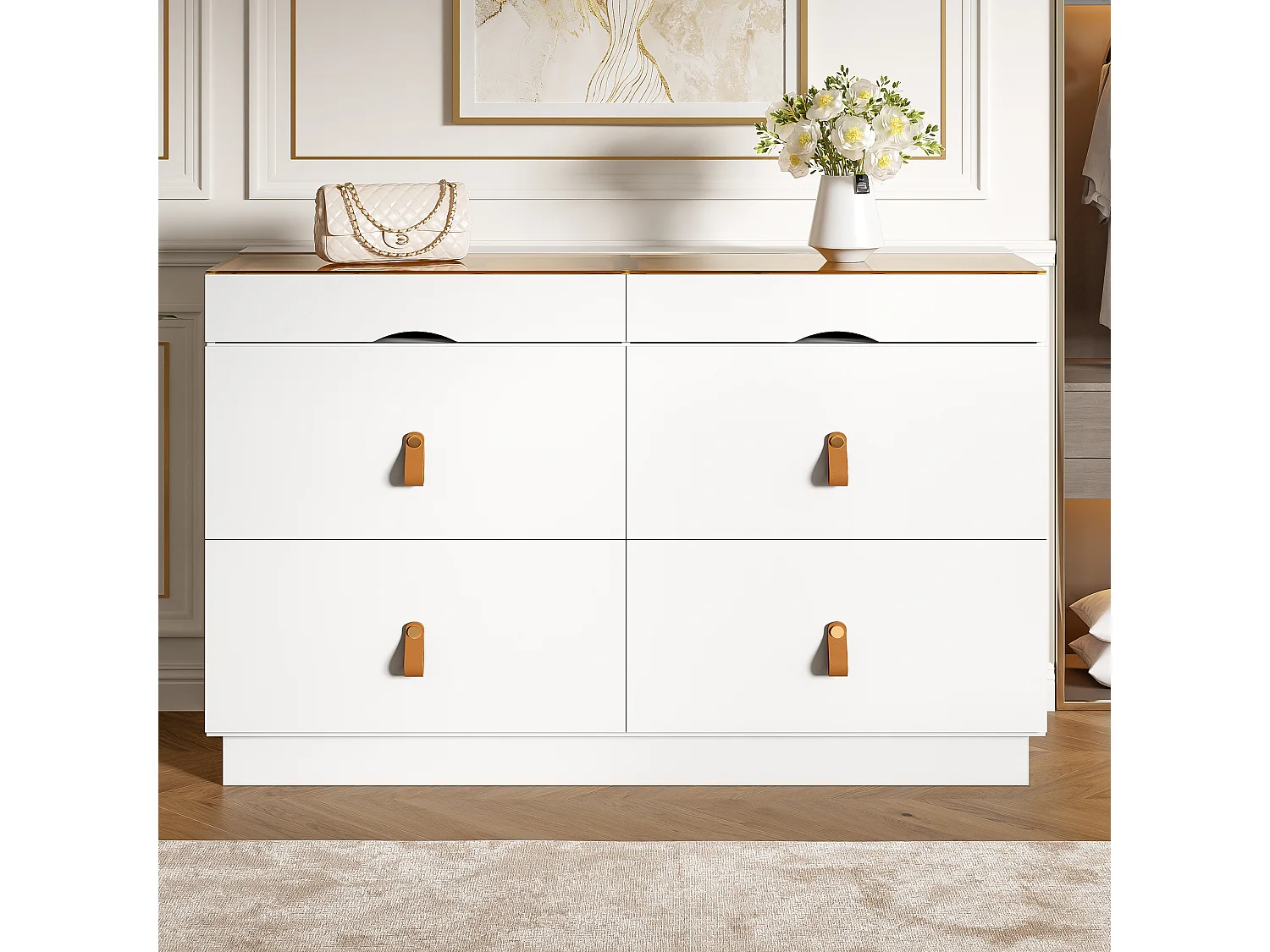 Commode met 6 laden 120 x 40 x 78 cm - Hout en wit glas