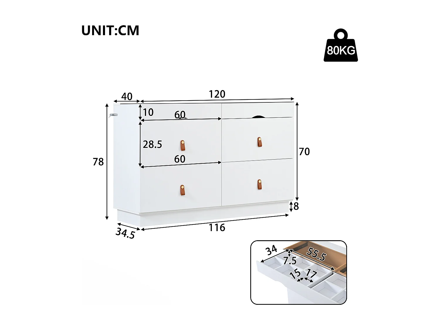 Commode met 6 laden 120 x 40 x 78 cm - Hout en wit glas