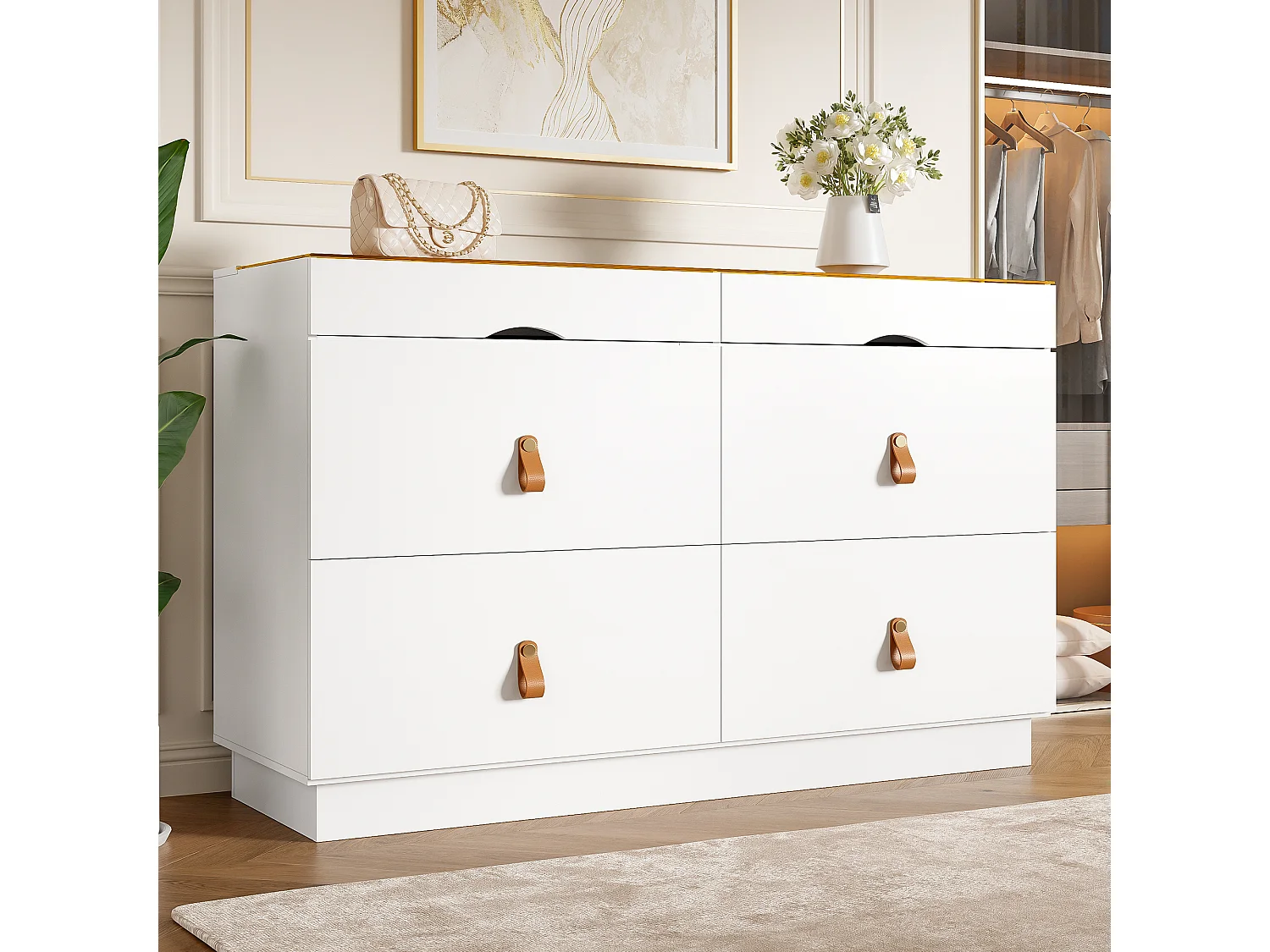 Commode met 6 laden 120 x 40 x 78 cm - Hout en wit glas