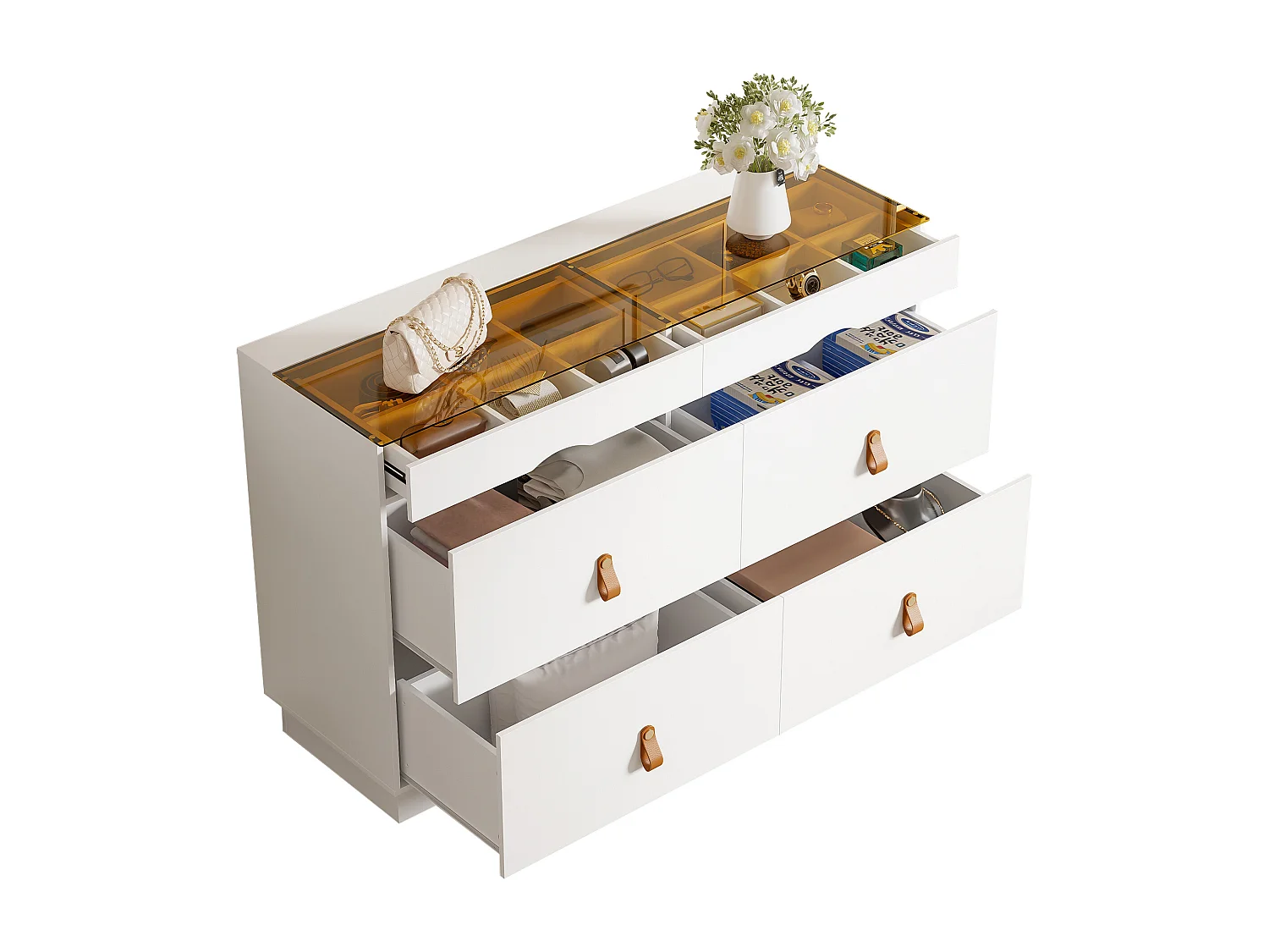 Commode met 6 laden 120 x 40 x 78 cm - Hout en wit glas