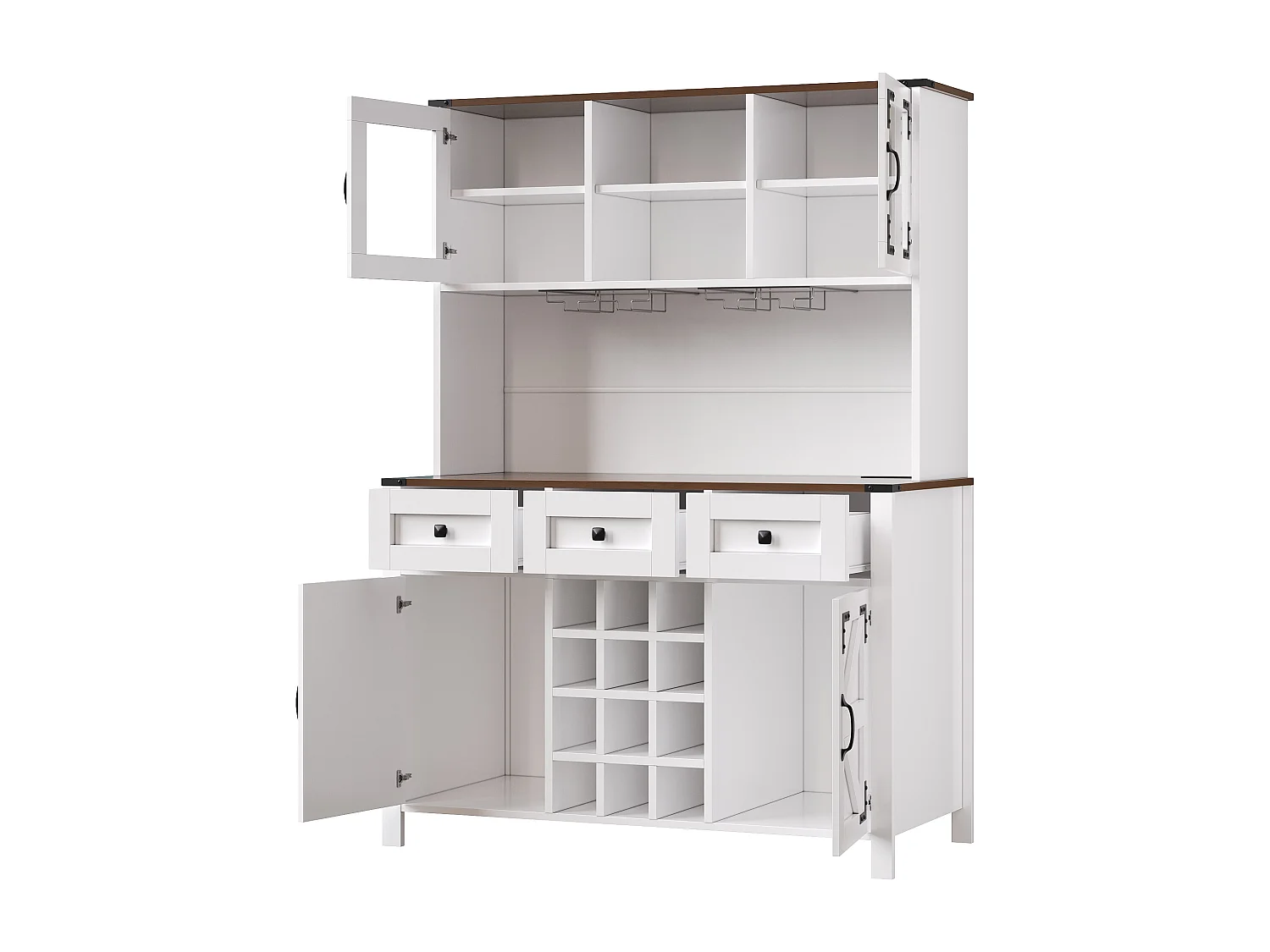 Buffet de cuisine avec LED, ports USB et prises, 4 portes et 3 tiroirs, blanc