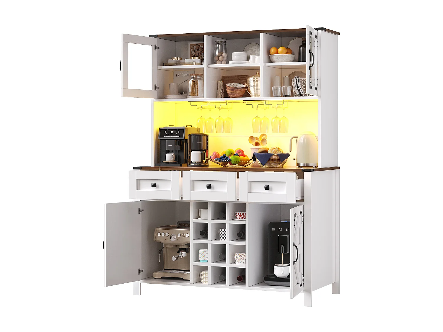 Buffet de cuisine avec LED, ports USB et prises, 4 portes et 3 tiroirs, blanc