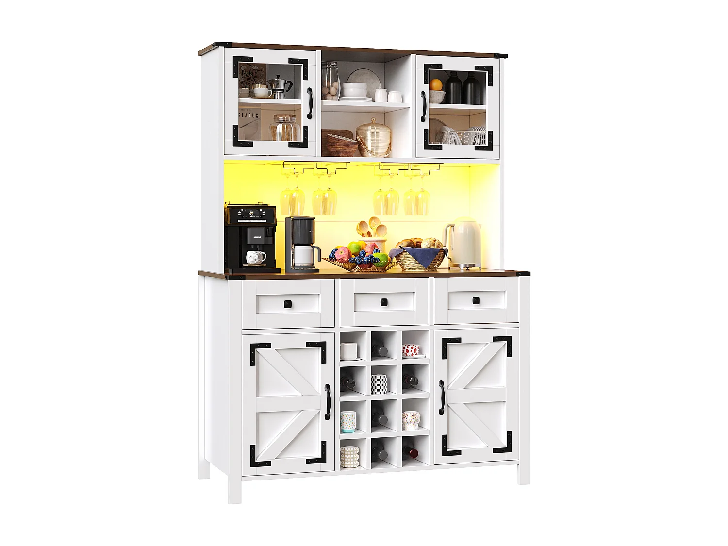 Buffet de cuisine avec LED, ports USB et prises, 4 portes et 3 tiroirs, blanc