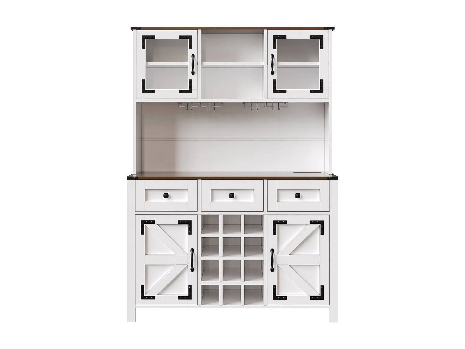 Buffet de cuisine avec LED, ports USB et prises, 4 portes et 3 tiroirs, blanc