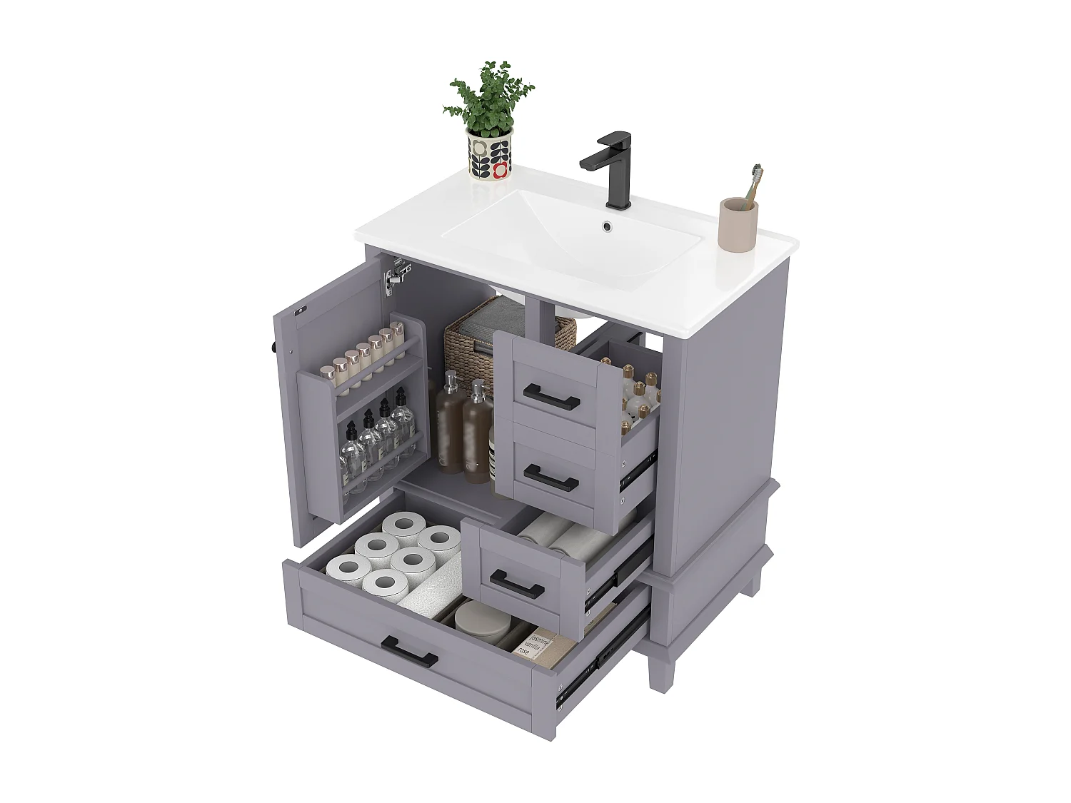 Meuble sous-lavabo avec 3 tiroirs et lavabo céramique gris 76x46x83.5 cm