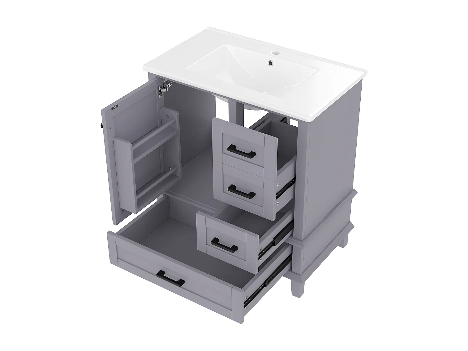 Meuble sous-lavabo avec 3 tiroirs et lavabo céramique gris 76x46x83.5 cm