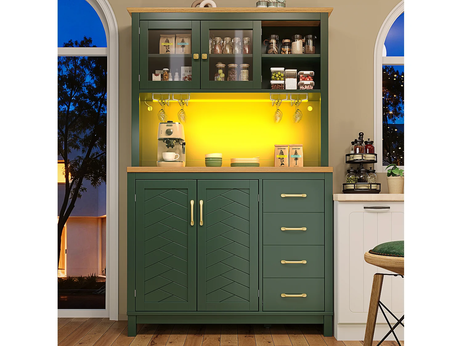 Buffet de cuisine 105,5 x 40 x 180 cm avec 4 portes, LED et porte-gobelets - Vert