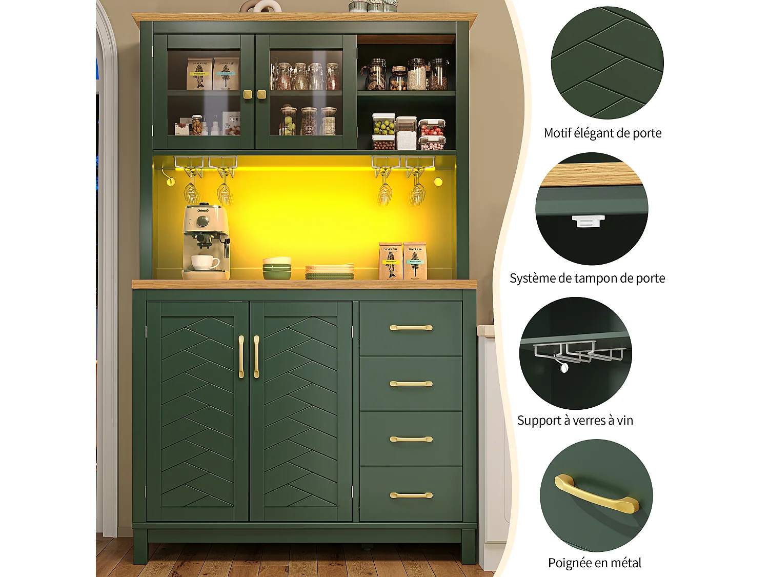 Buffet de cuisine 105,5 x 40 x 180 cm avec 4 portes, LED et porte-gobelets - Vert