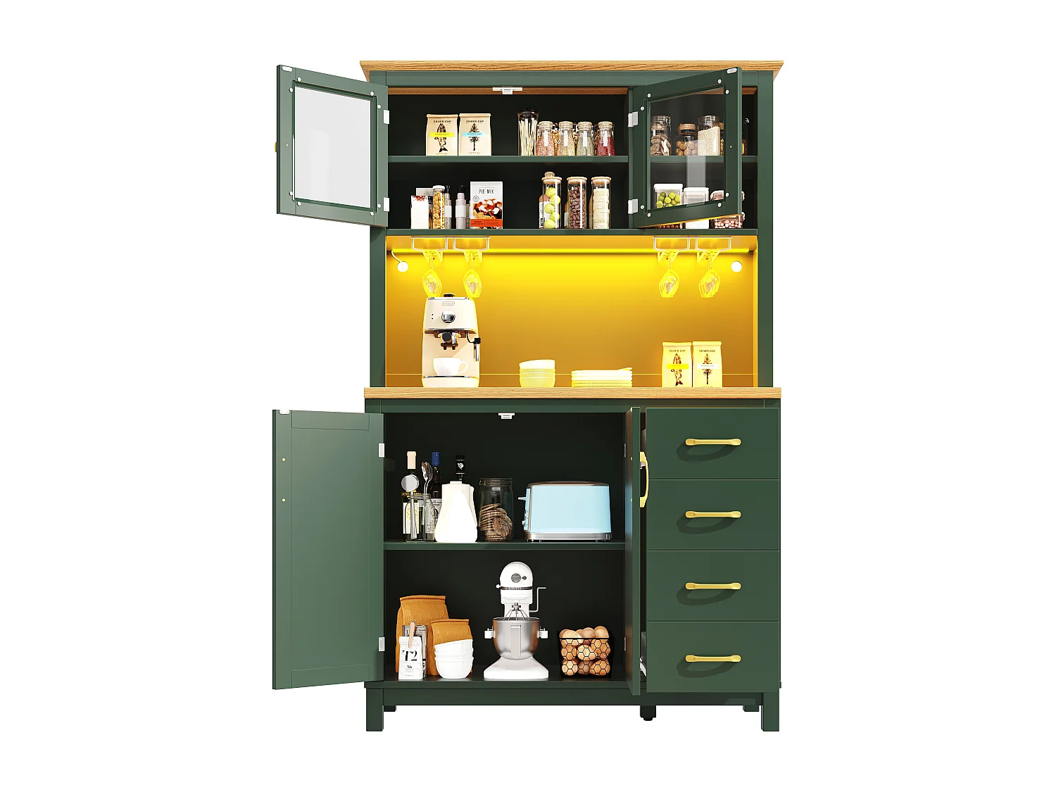 Buffet de cuisine 105,5 x 40 x 180 cm avec 4 portes, LED et porte-gobelets - Vert