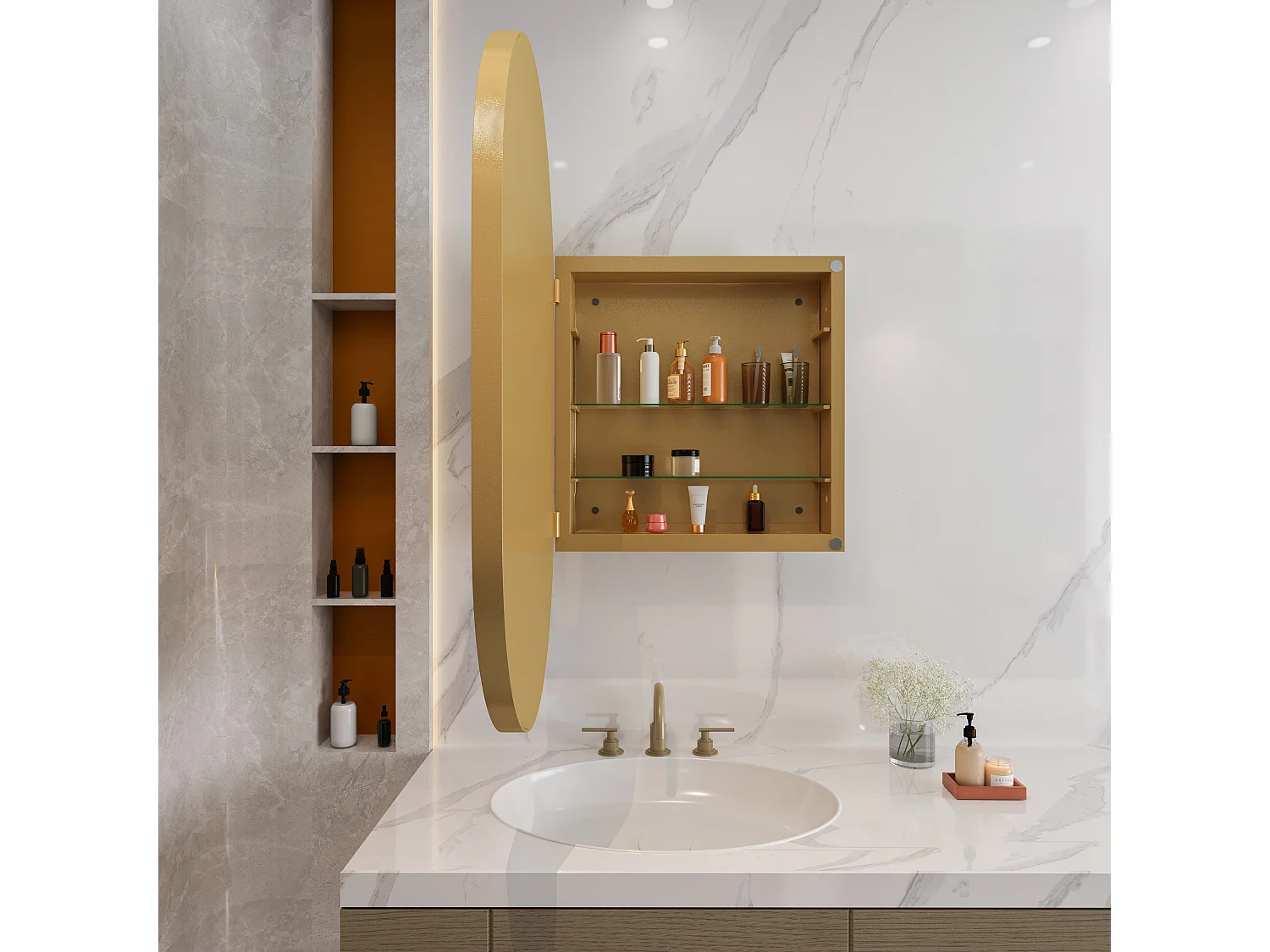 Miroir avec armoire de rangement salle de bain - Cadre métal doré