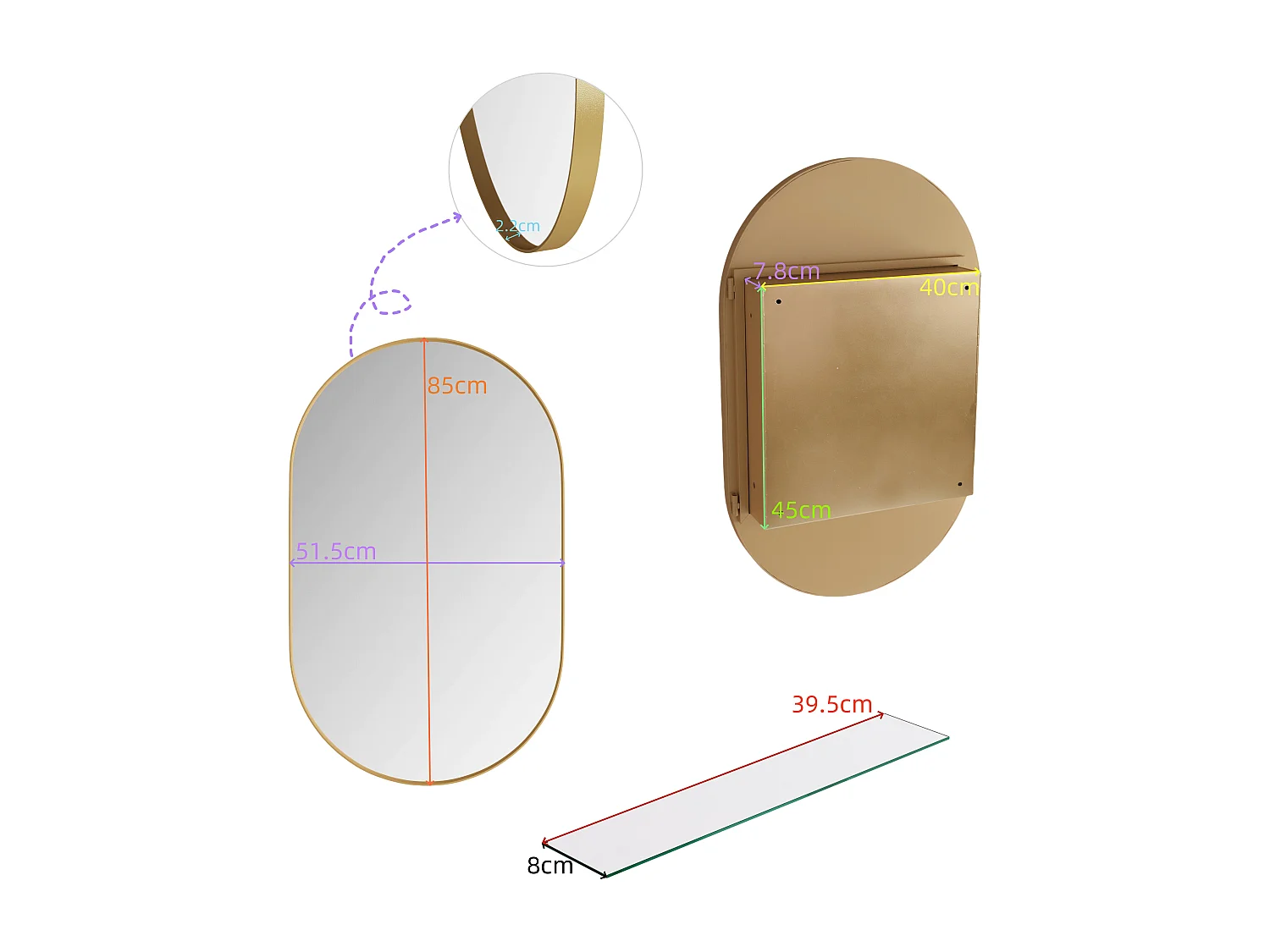 Miroir avec armoire de rangement salle de bain - Cadre métal doré