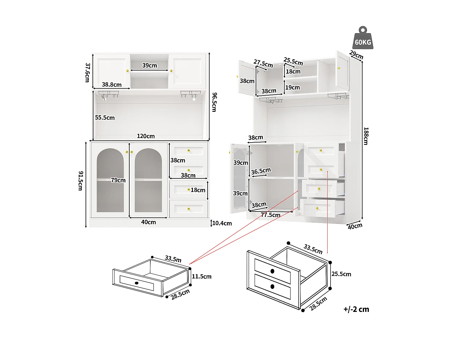 Buffet de cuisine 120 x 40 x 188 cm avec 4 portes, 3 tiroirs , LED et porte-gobelets - Blanc