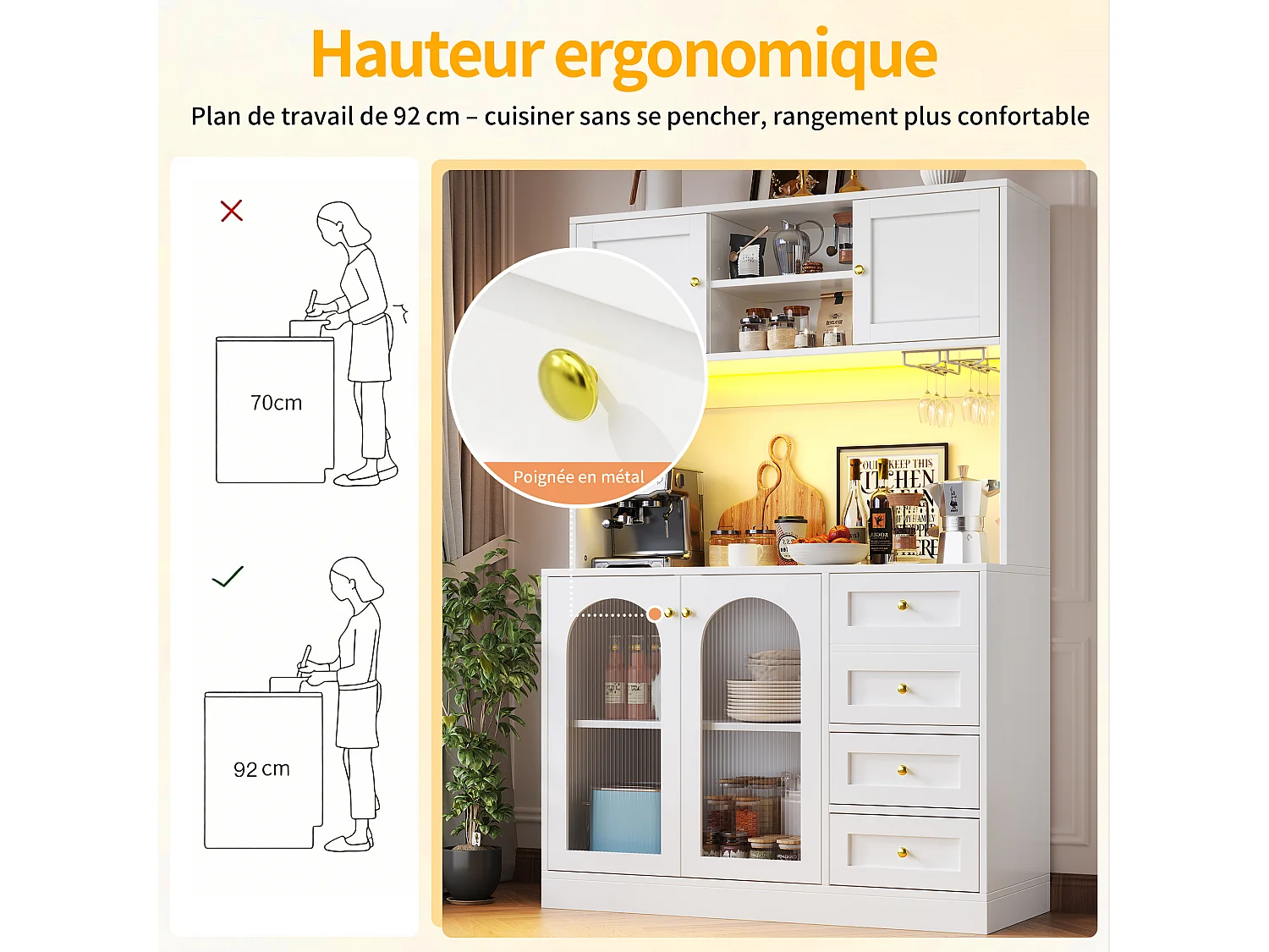 Buffet de cuisine 120 x 40 x 188 cm avec 4 portes, 3 tiroirs , LED et porte-gobelets - Blanc