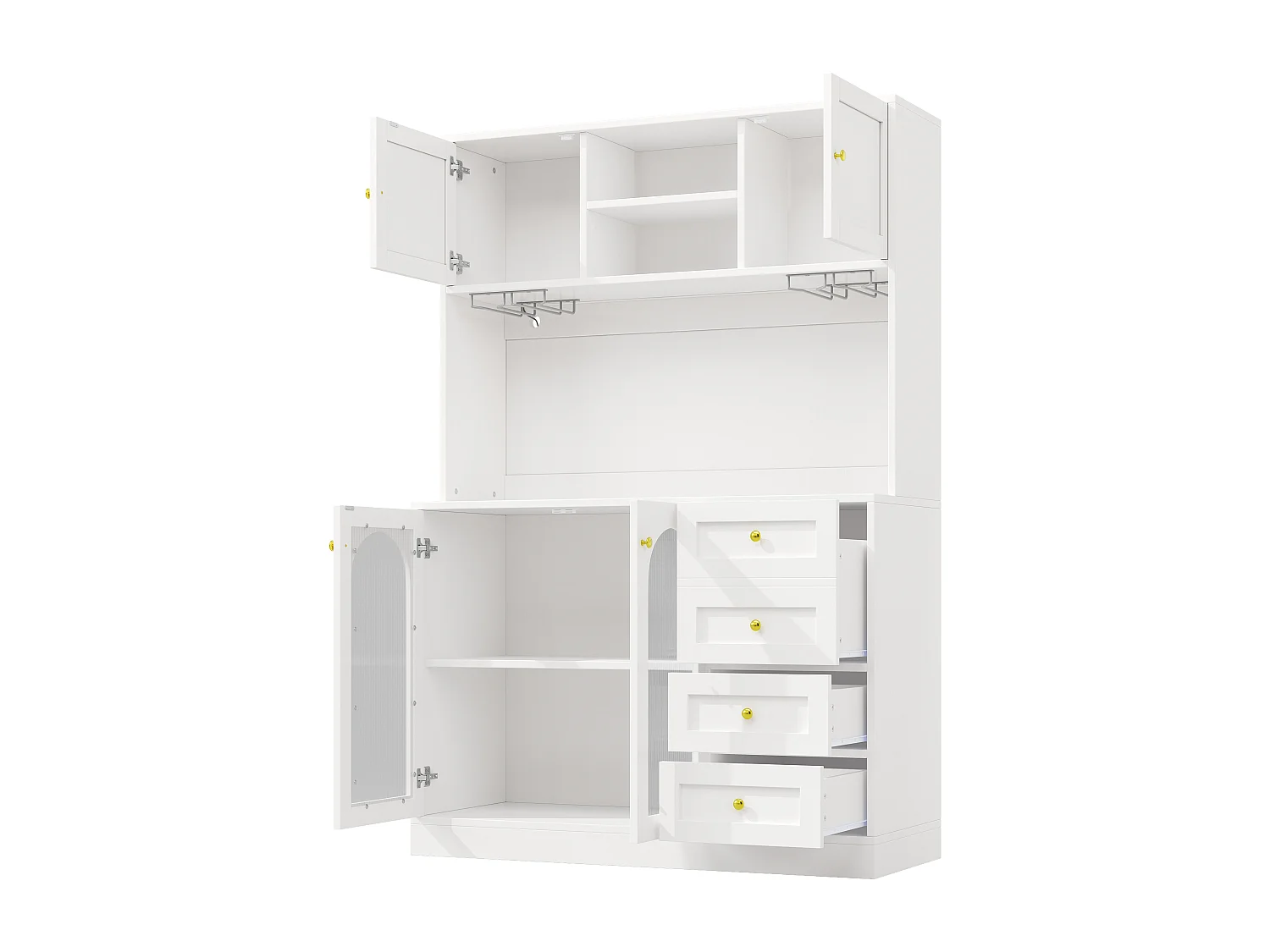 Buffet de cuisine 120 x 40 x 188 cm avec 4 portes, 3 tiroirs , LED et porte-gobelets - Blanc
