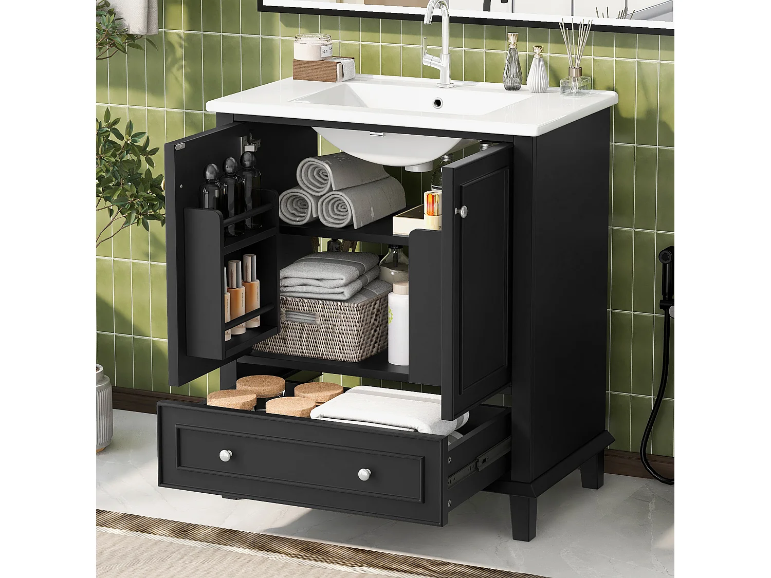 Meuble sous-lavabo avec lavabo en céramique, 2 portes et tiroir - Noir