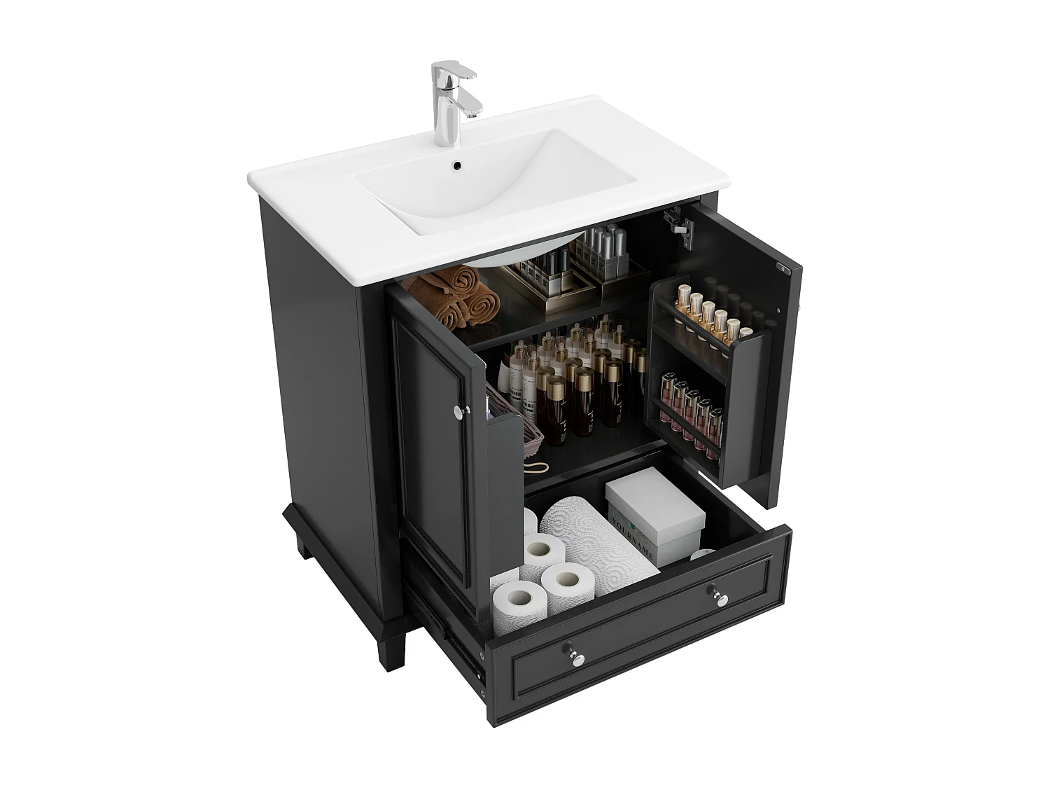 Meuble sous-lavabo avec lavabo en céramique, 2 portes et tiroir - Noir