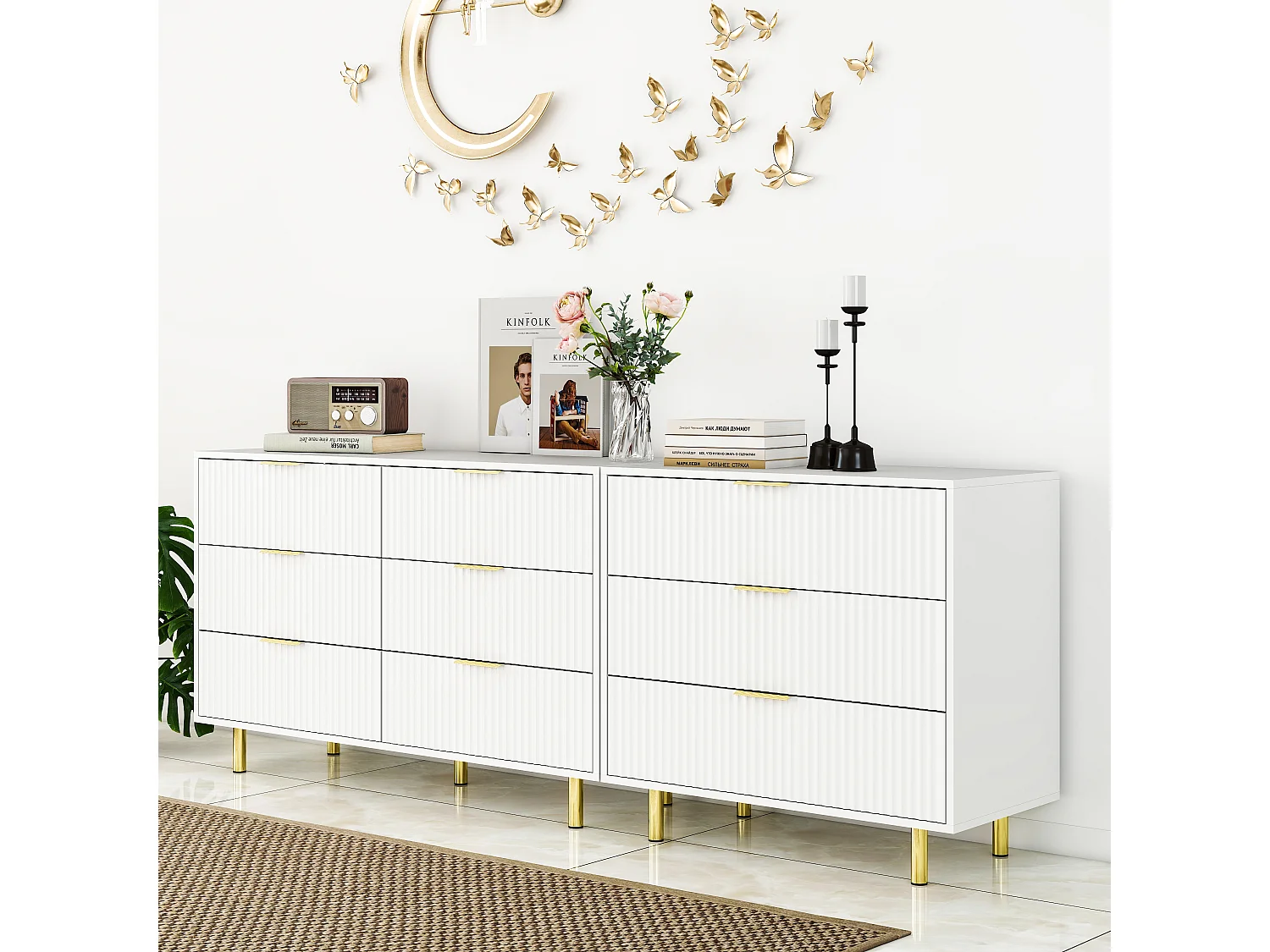 Set van 2 modulaire ladekasten met 9 laden in wit met gouden metalen poten.