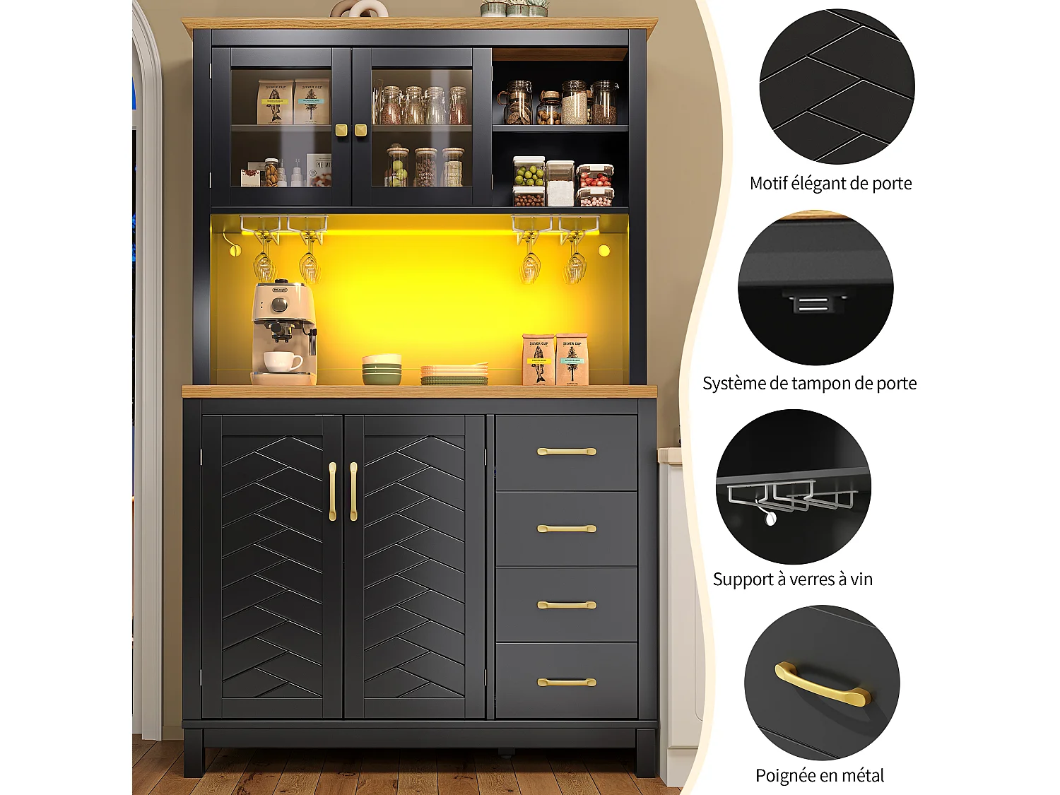 Buffet de cuisine 105,5 x 40 x 180 cm avec 4 portes, LED et porte-gobelets - Noir