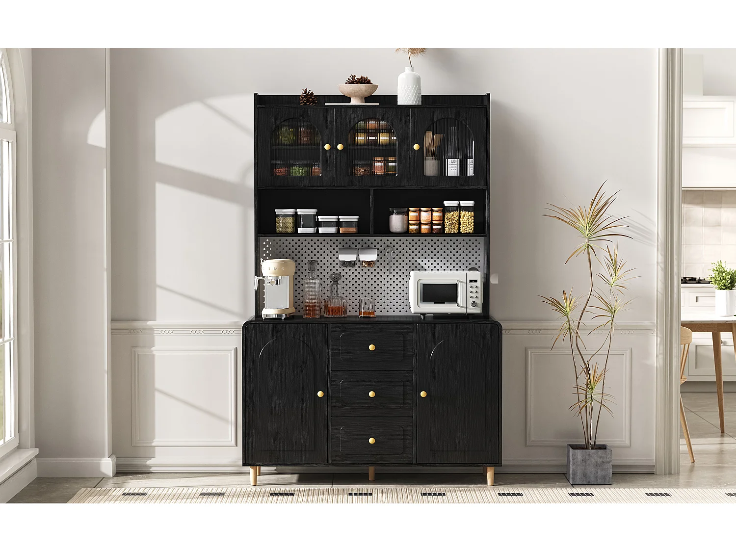 Buffet de cuisine 120x40x190 cm noir avec étagères, 3 tiroirs et 5 portes