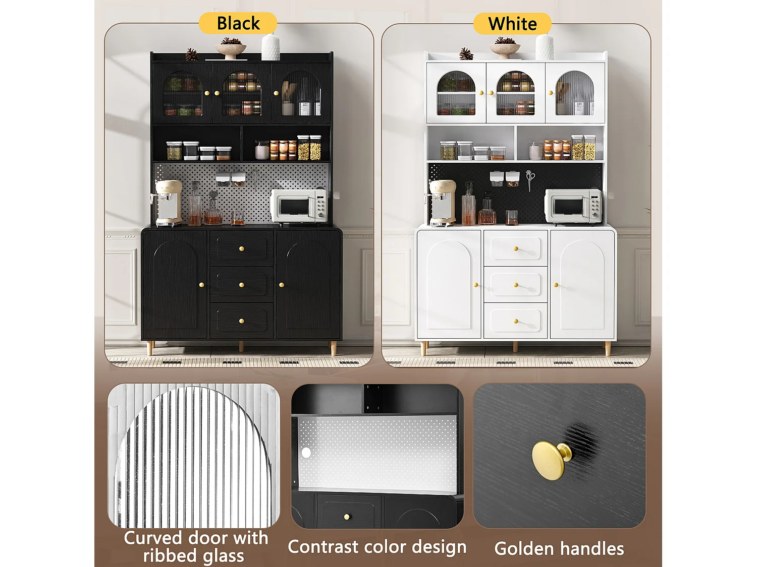 Buffet de cuisine 120x40x190 cm noir avec étagères, 3 tiroirs et 5 portes