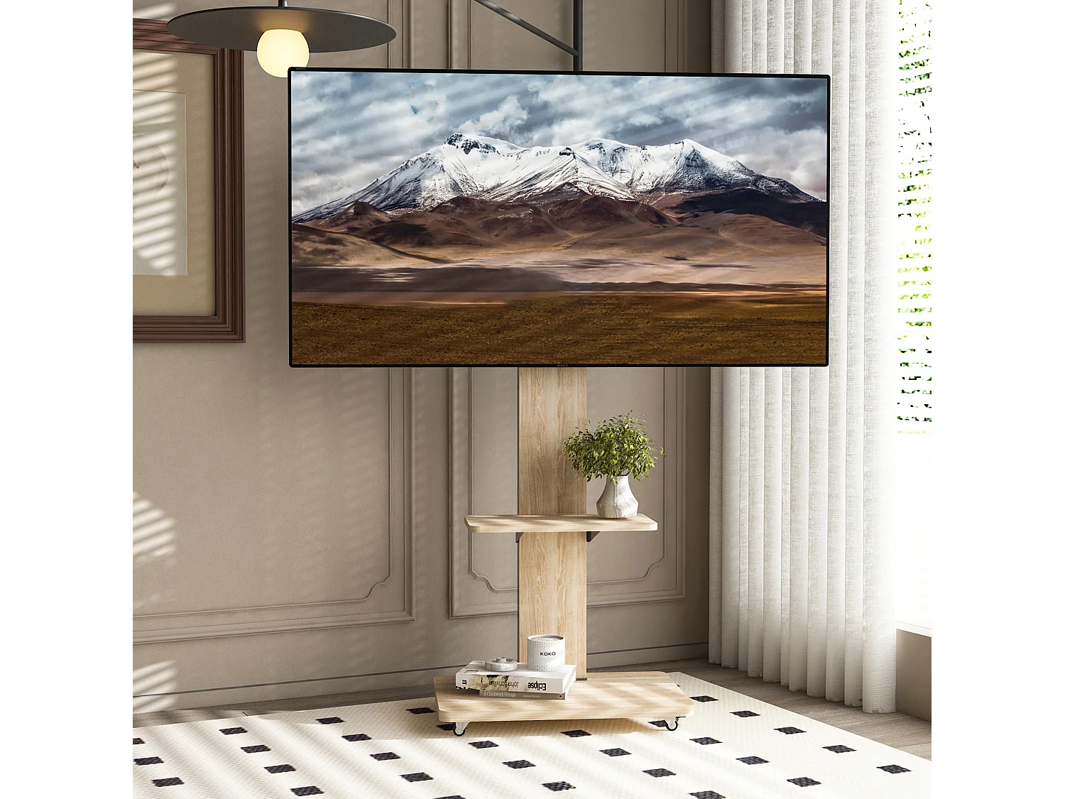 Support TV à roulettes avec réglable en hauteur , MDF et métal - Naturel clair