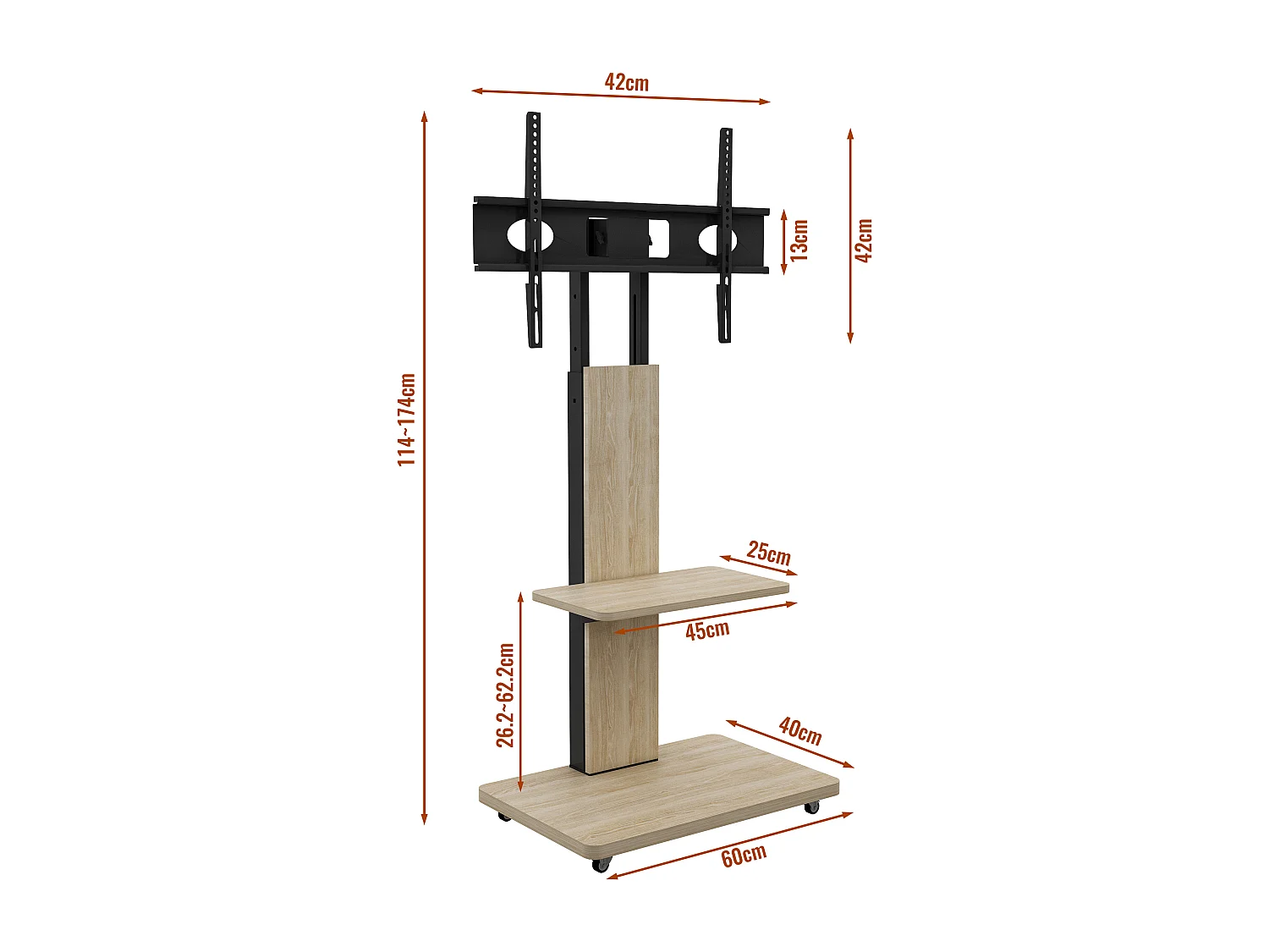 Support TV à roulettes avec réglable en hauteur , MDF et métal - Naturel clair