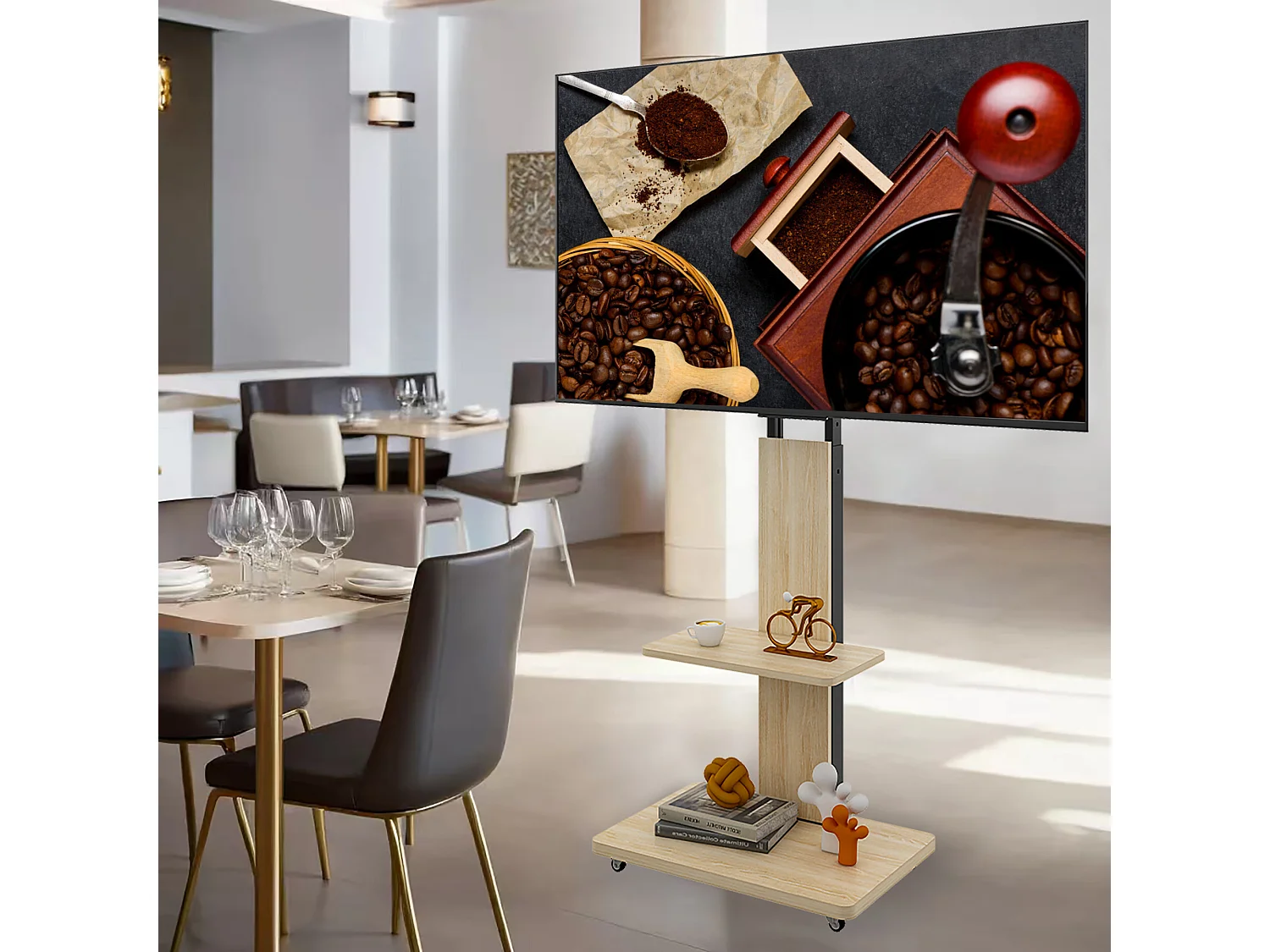 Support TV à roulettes avec réglable en hauteur , MDF et métal - Naturel clair