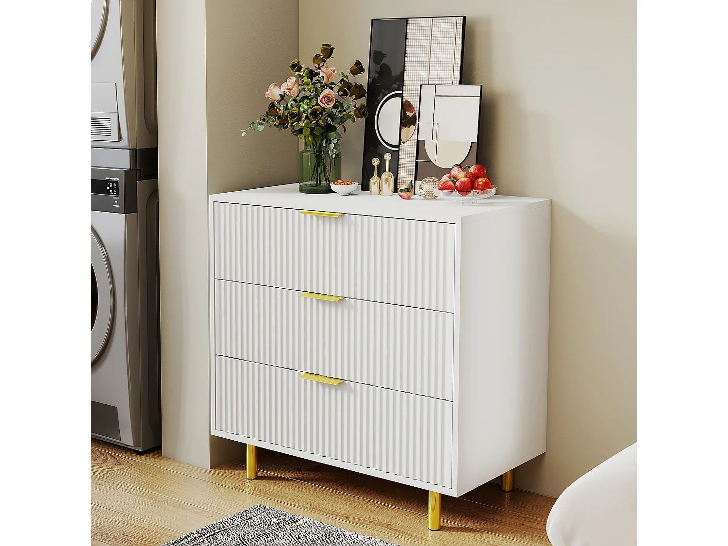 Commode met 3 lades, wit en goud, 80x40x72 cm