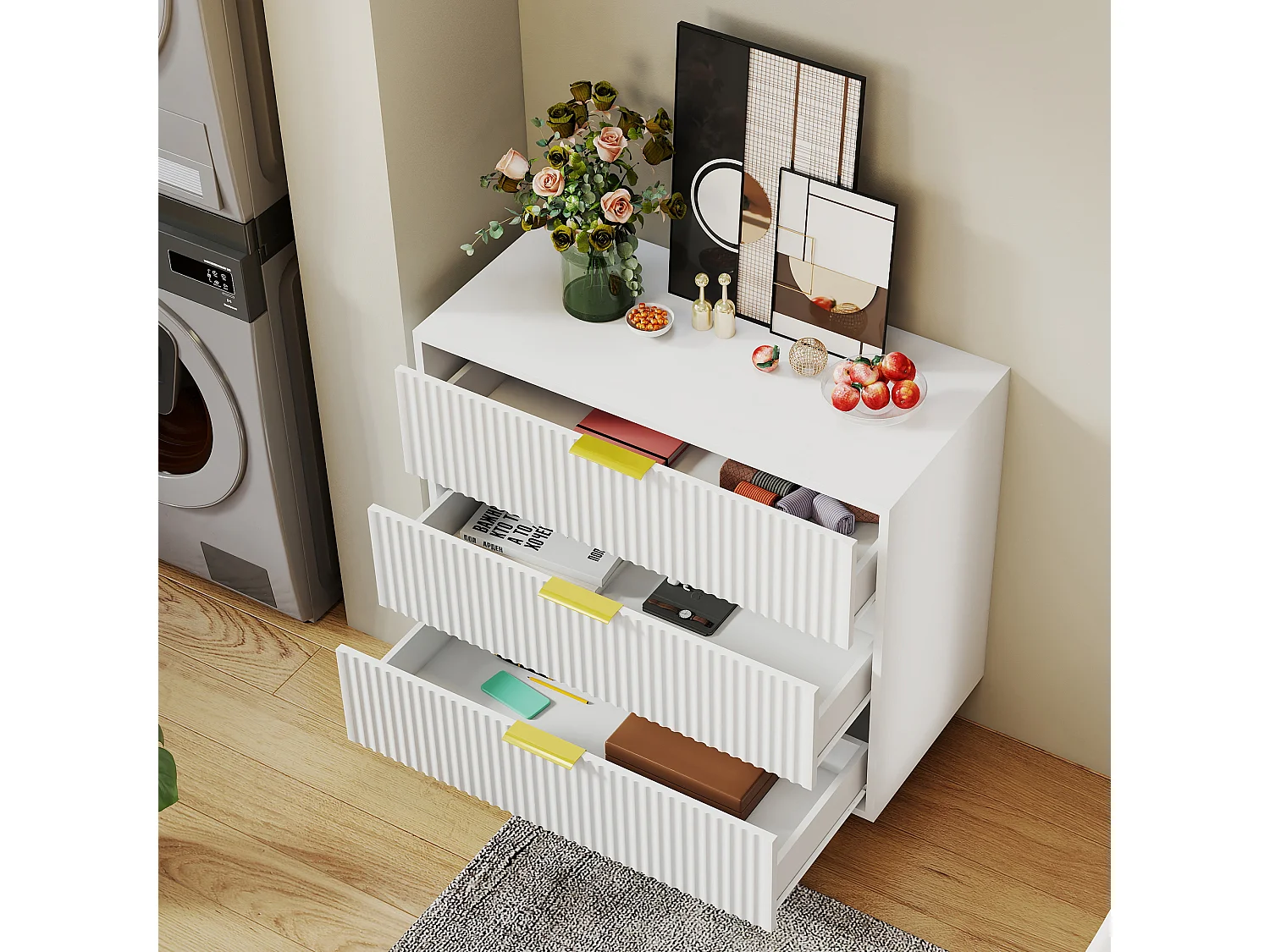 Commode met 3 lades, wit en goud, 80x40x72 cm