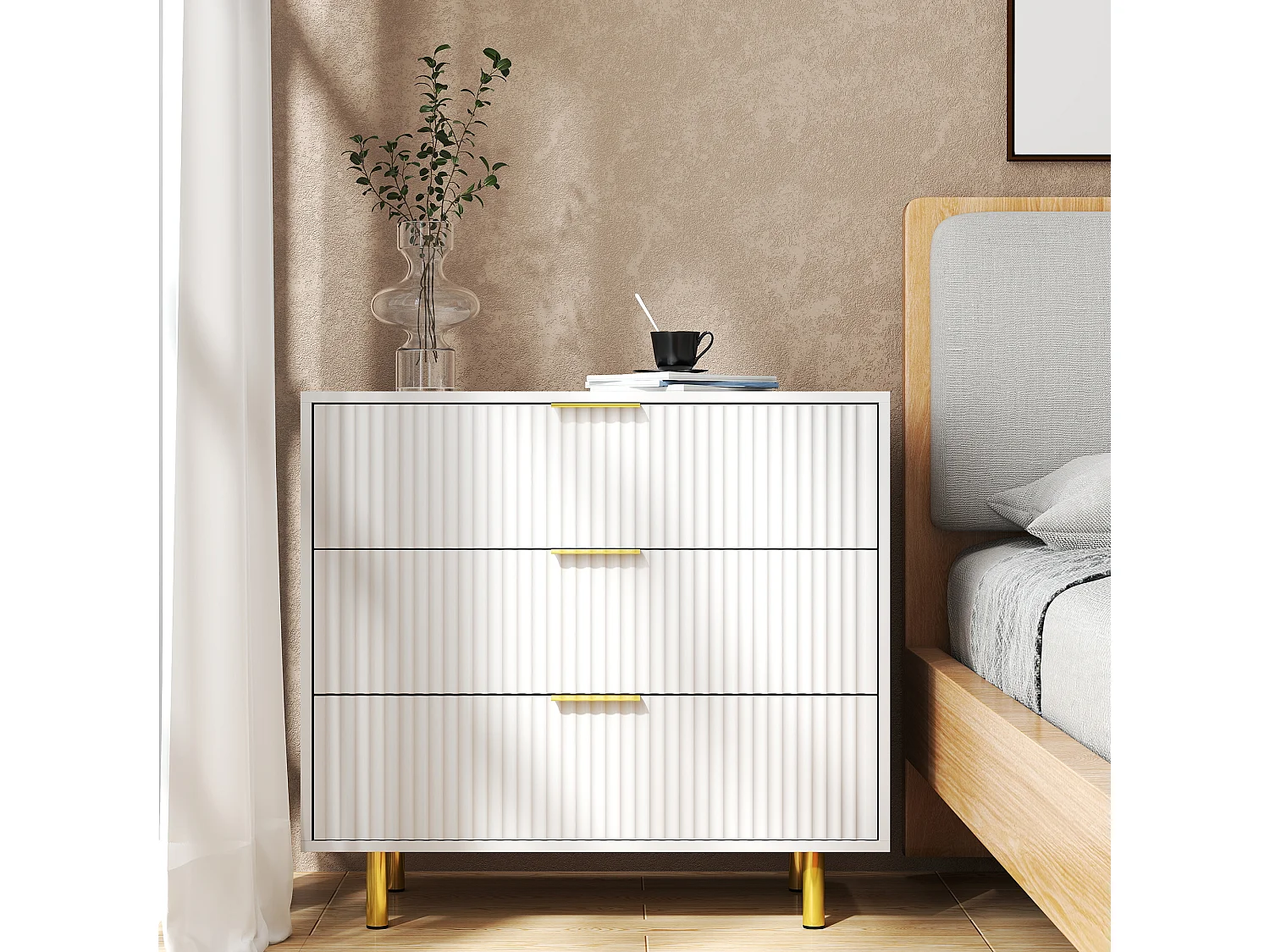 Commode met 3 lades, wit en goud, 80x40x72 cm