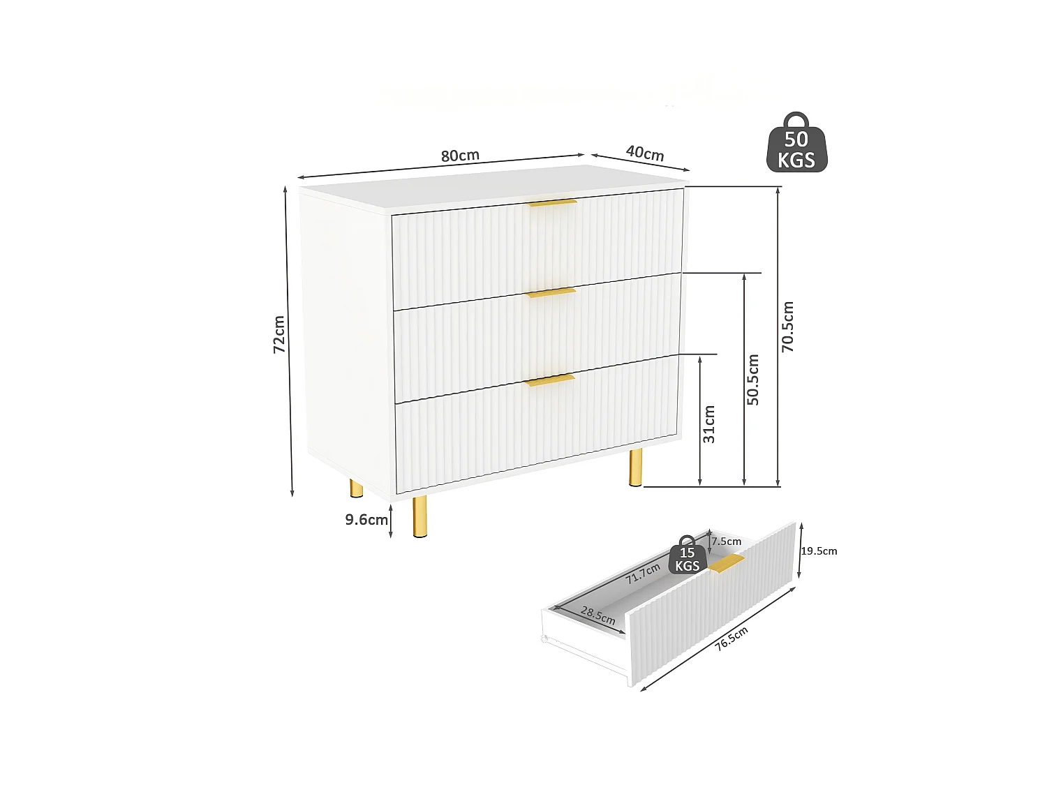 Commode met 3 lades, wit en goud, 80x40x72 cm