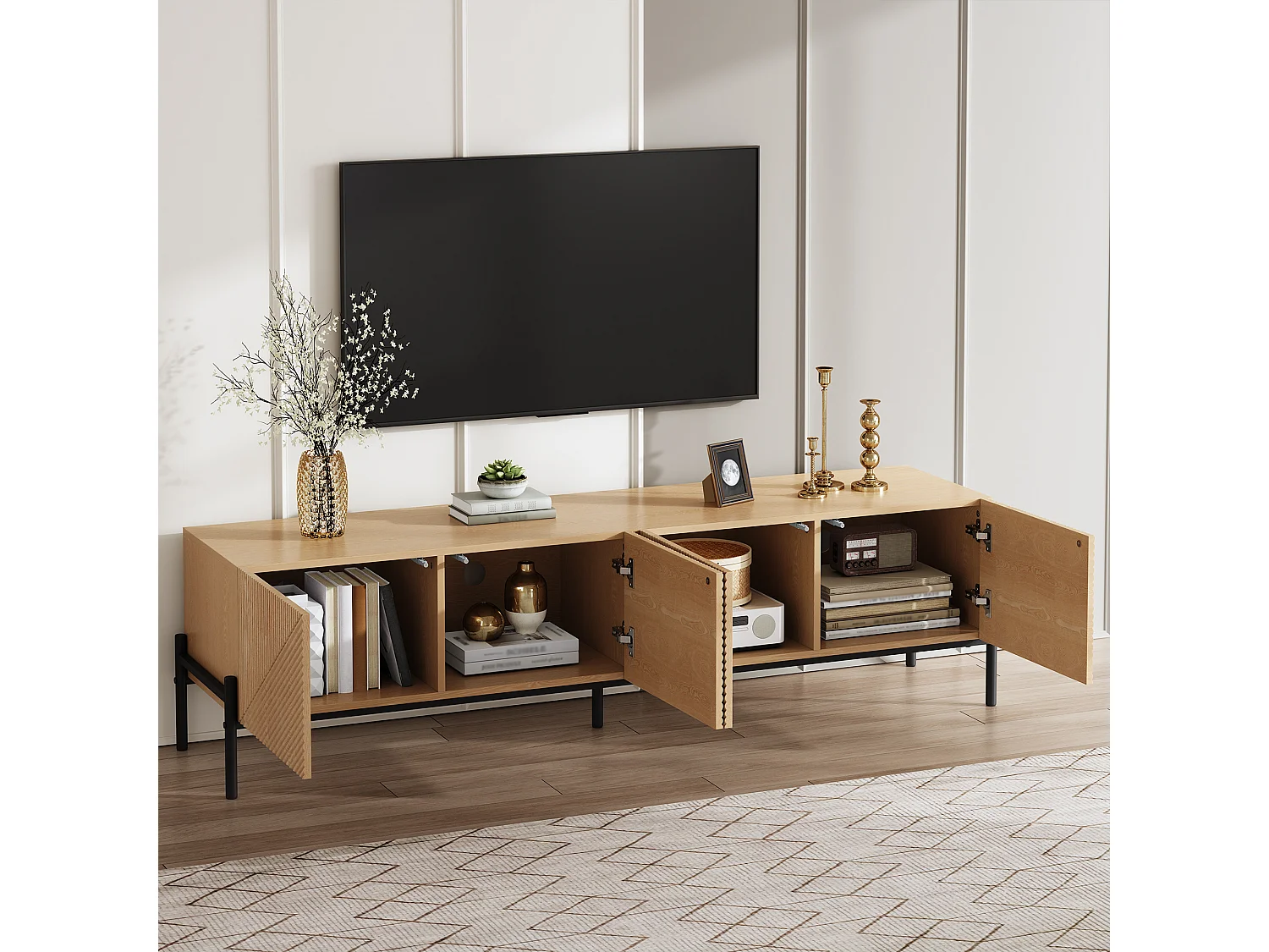 TV-meubel met 4 deuren, geometrisch design - Hout en zwart
