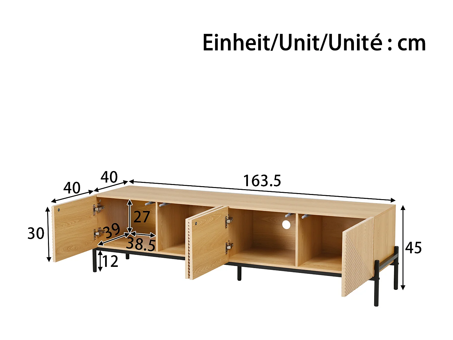 TV-meubel met 4 deuren, geometrisch design - Hout en zwart