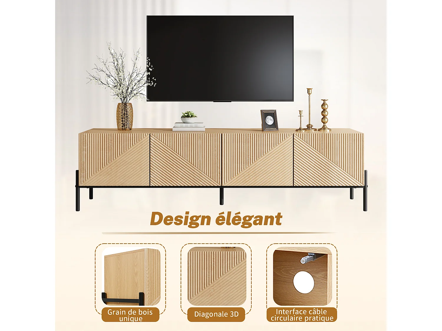 TV-meubel met 4 deuren, geometrisch design - Hout en zwart