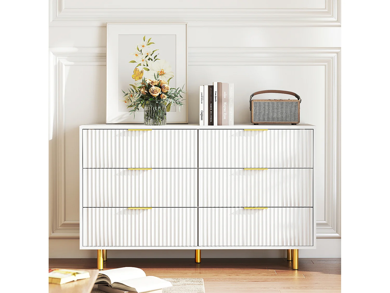 Commode met 6 lades, wit en goud, 120x40x72 cm