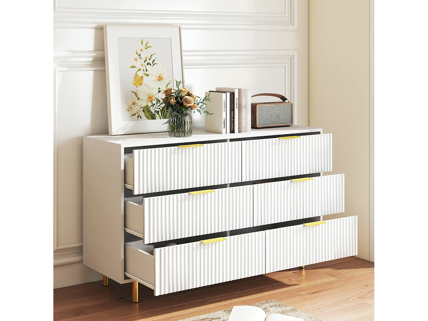 Commode met 6 lades, wit en goud, 120x40x72 cm