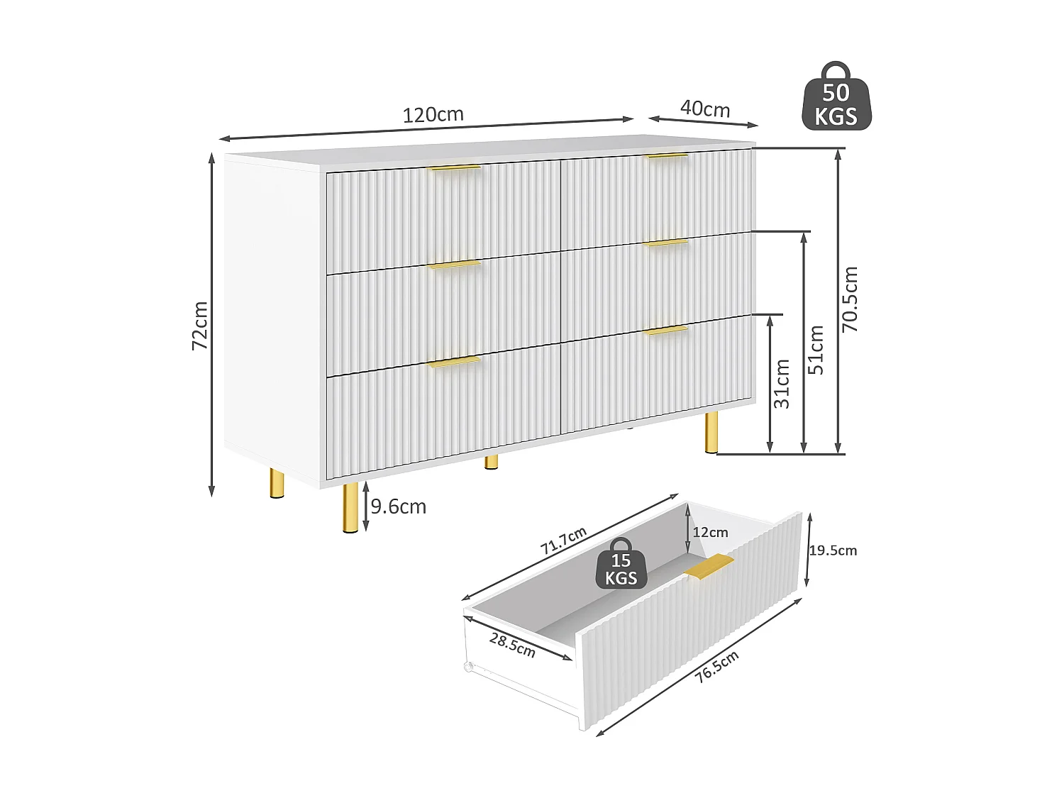 Commode met 6 lades, wit en goud, 120x40x72 cm