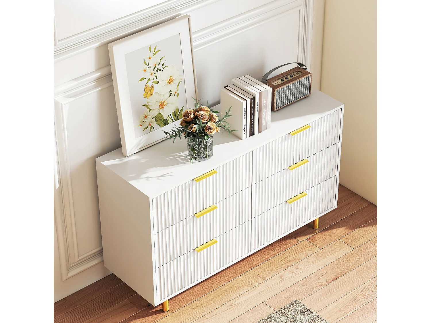 Commode met 6 lades, wit en goud, 120x40x72 cm