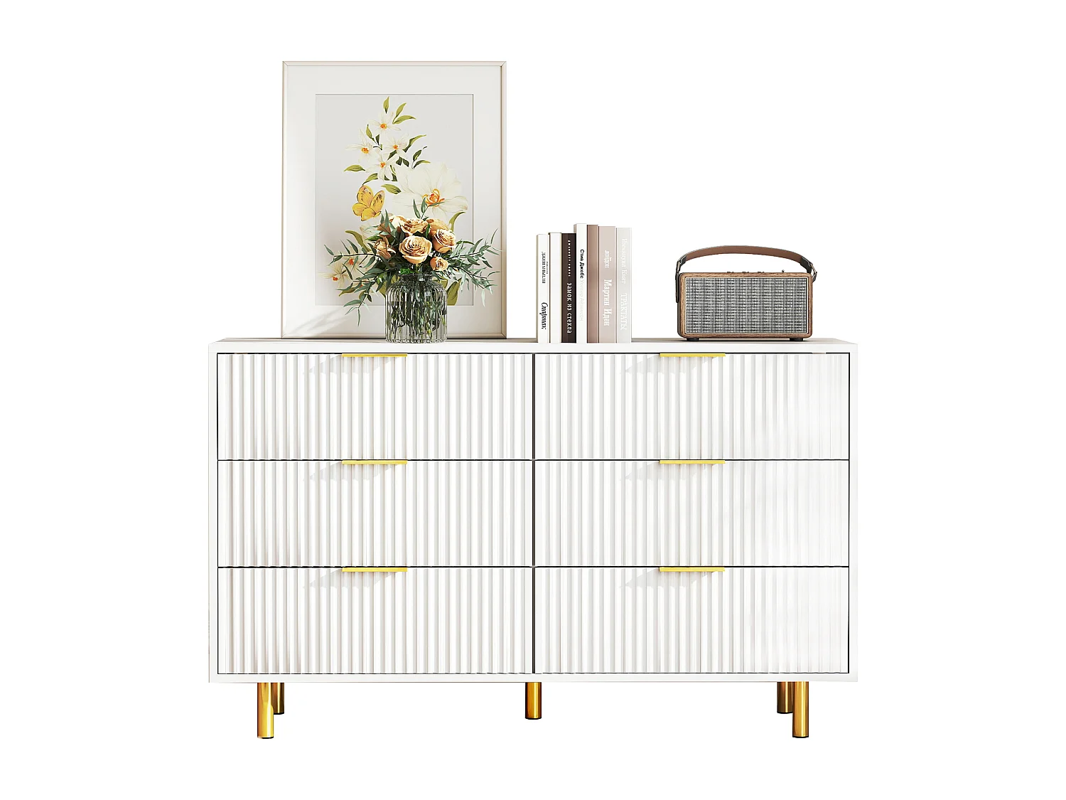 Commode met 6 lades, wit en goud, 120x40x72 cm