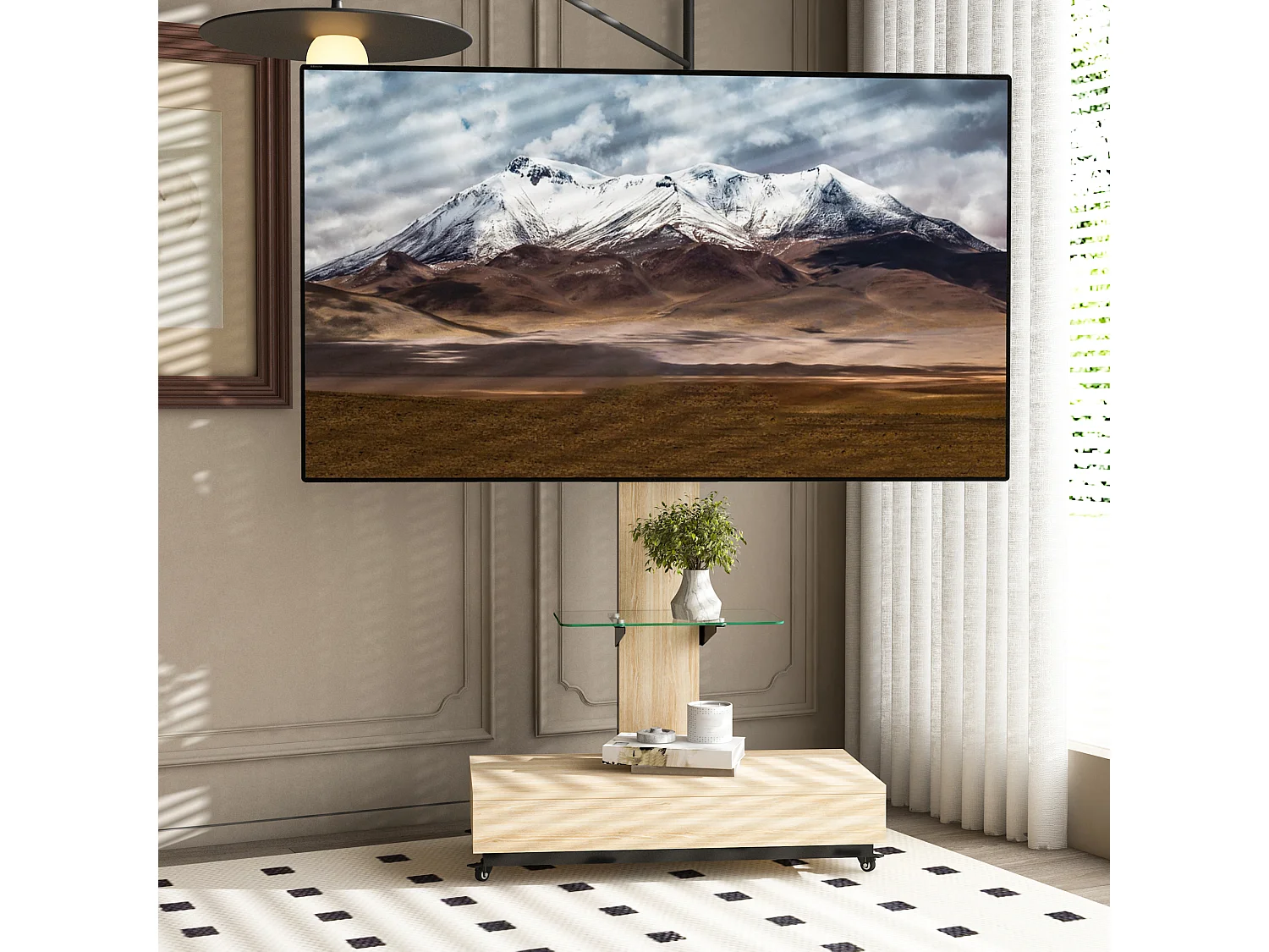 Support TV à roulettes avec réglable en hauteur et tiroir - Naturel clair