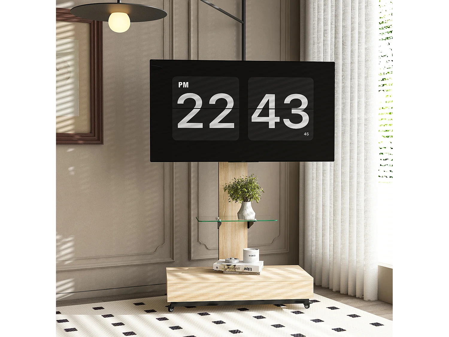 Support TV à roulettes avec réglable en hauteur et tiroir - Naturel clair