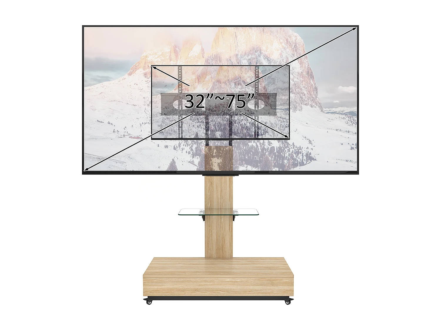 Support TV à roulettes avec réglable en hauteur et tiroir - Naturel clair