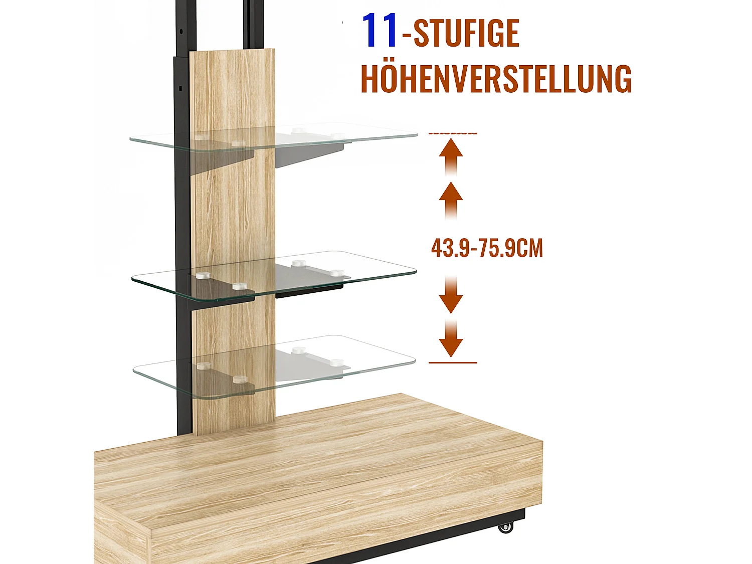 Support TV à roulettes avec réglable en hauteur et tiroir - Naturel clair