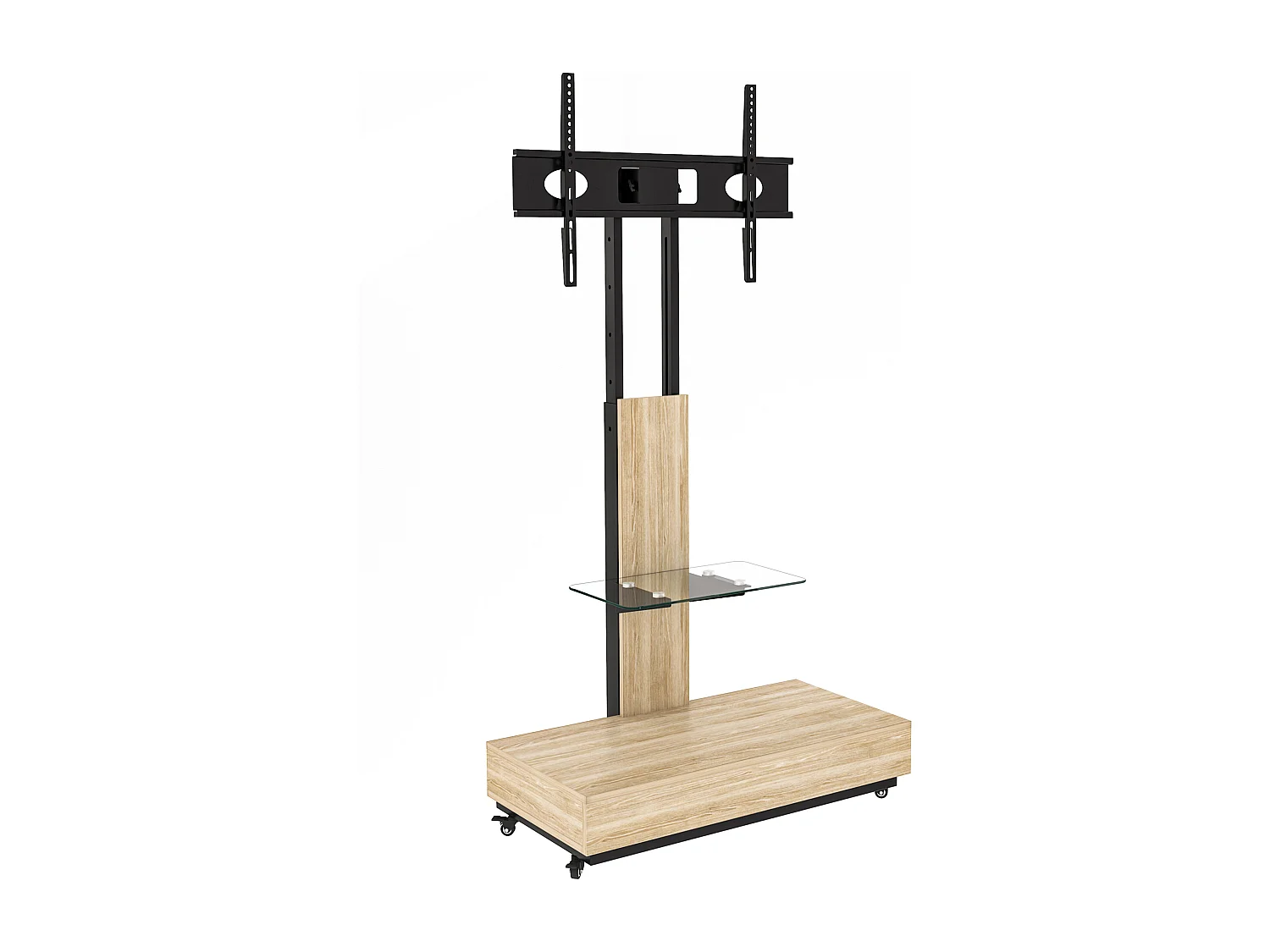 Support TV à roulettes avec réglable en hauteur et tiroir - Naturel clair