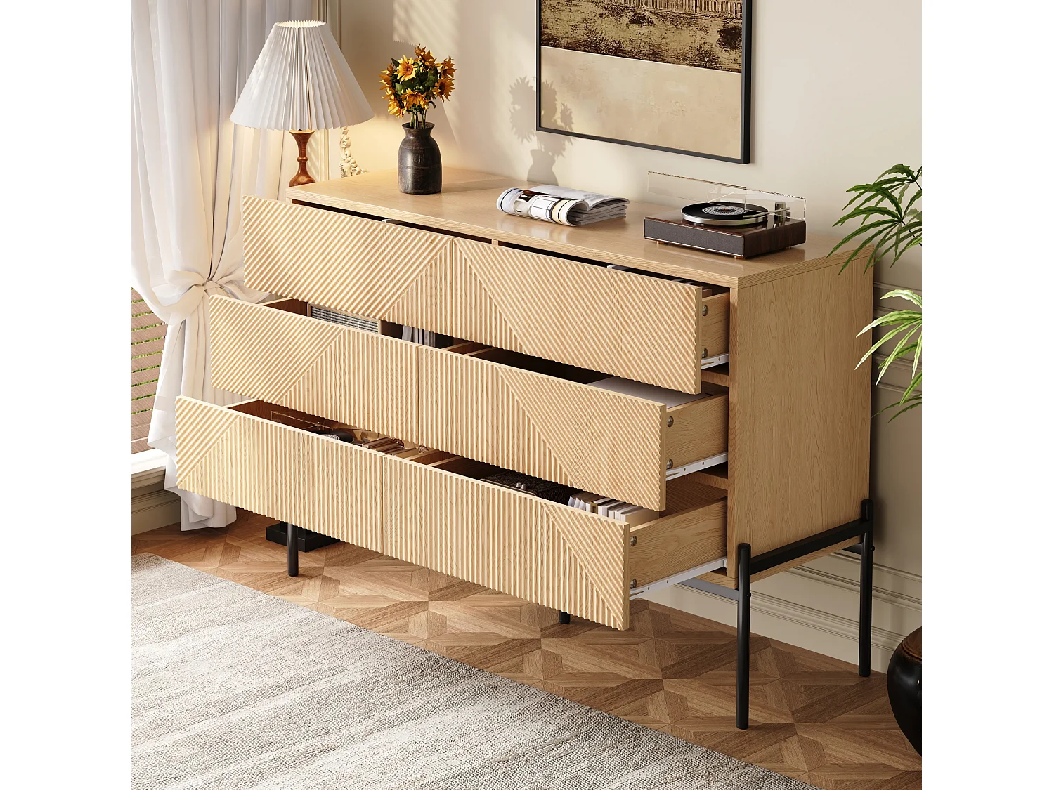 Commode met structuur en 6 lades - Voor woon- en eetkamers - Houtkleur