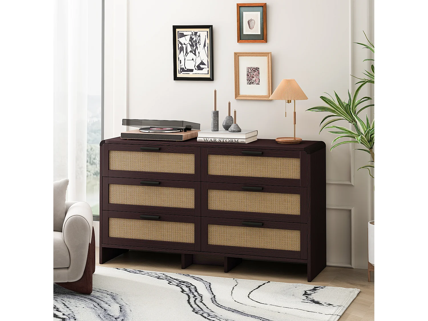 Commode met 6 lades in roodbruin rotan - Voor slaap- en woonkamer