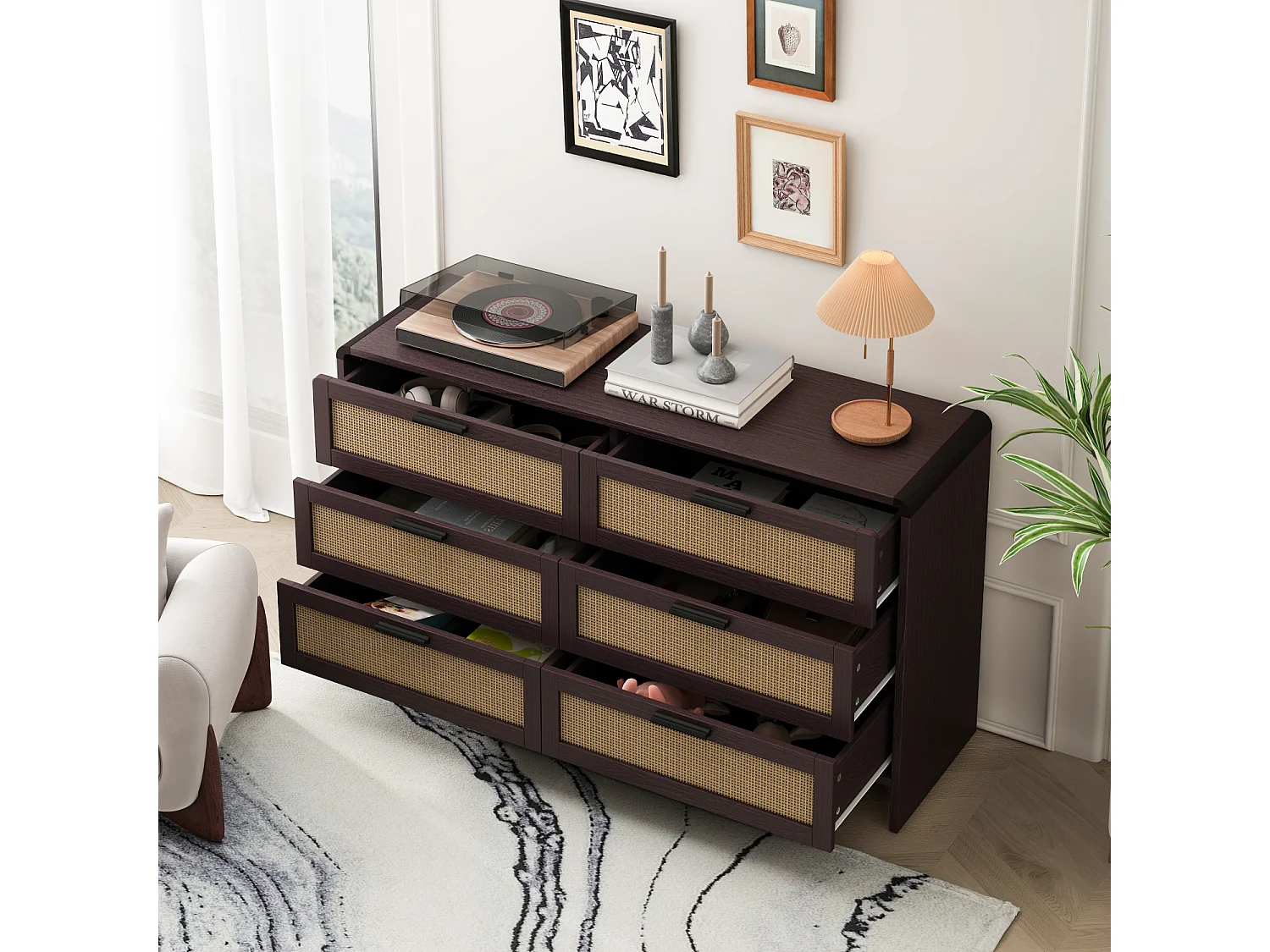 Commode avec 6 tiroirs en rotin, brun rougeâtre - Pour chambre et salon