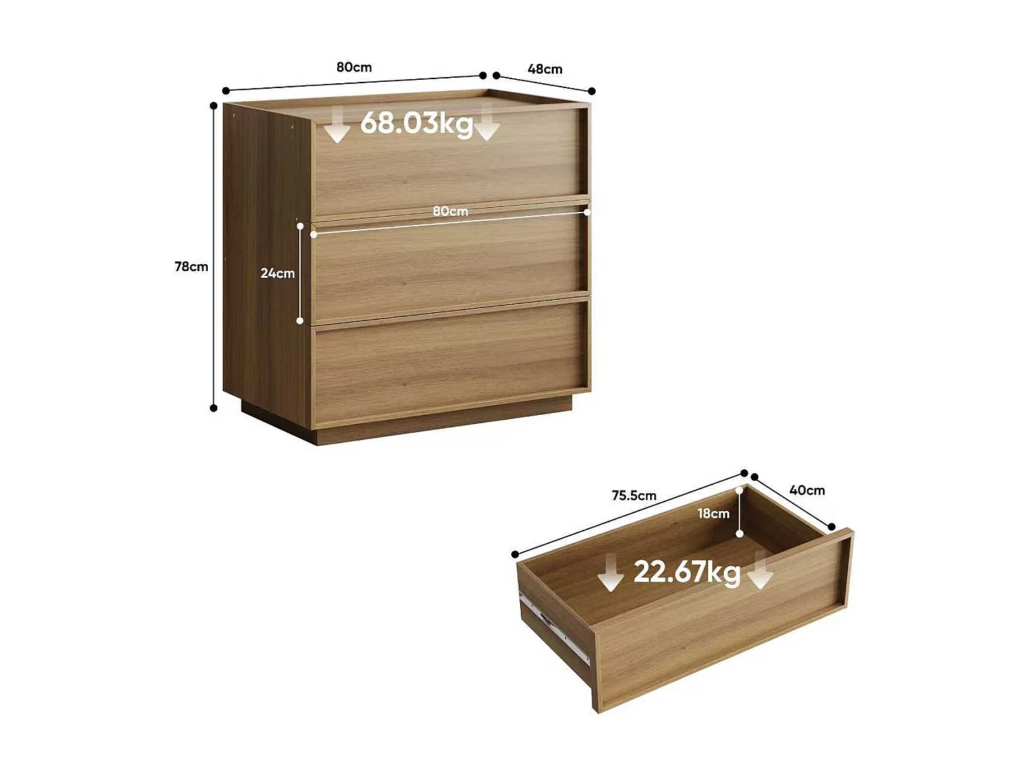 Commode met 3 lades voor de woonkamer, slaapkamer of hal - Eikenkleur 80x48x78 cm