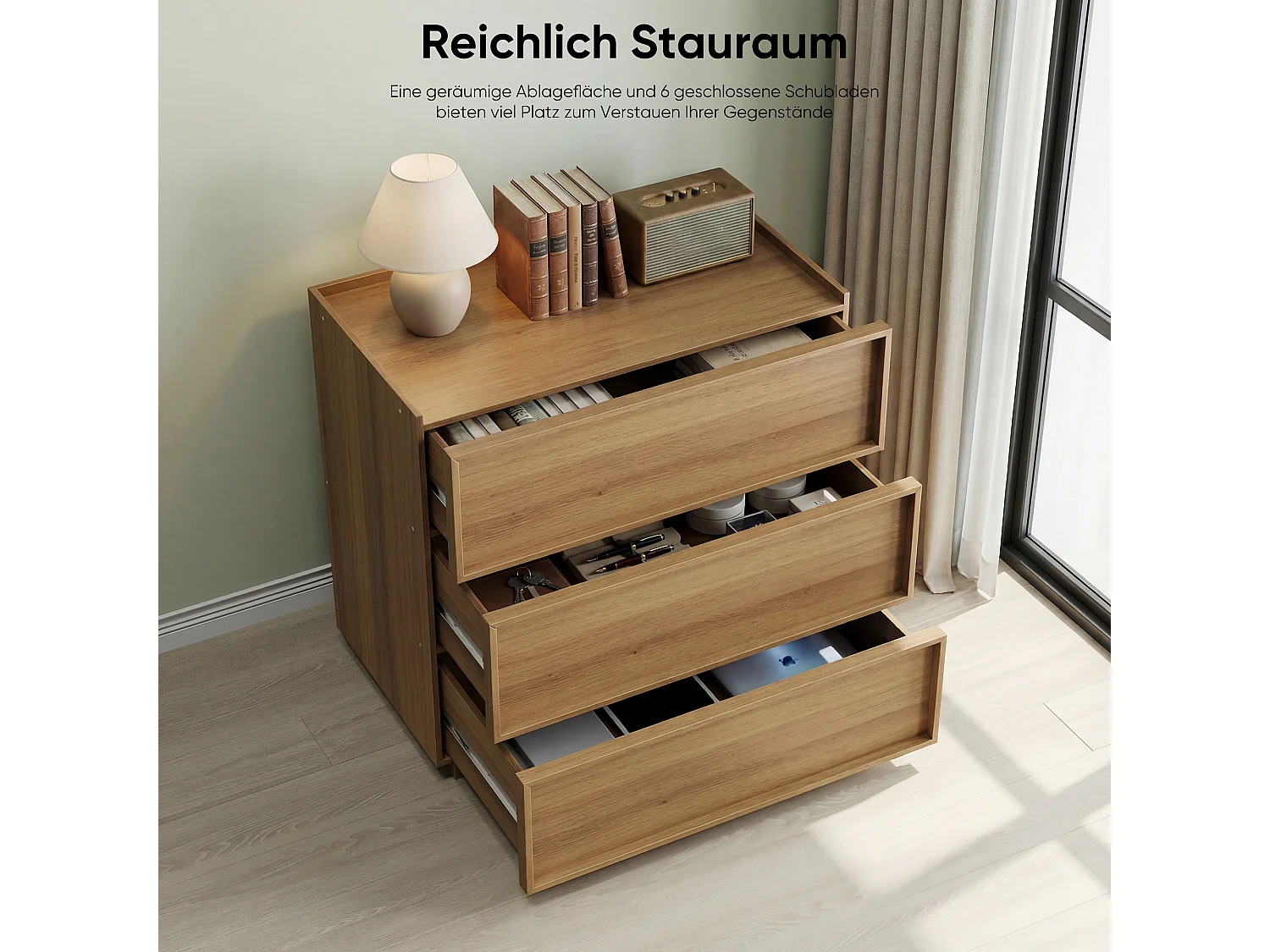 Commode met 3 lades voor de woonkamer, slaapkamer of hal - Eikenkleur 80x48x78 cm